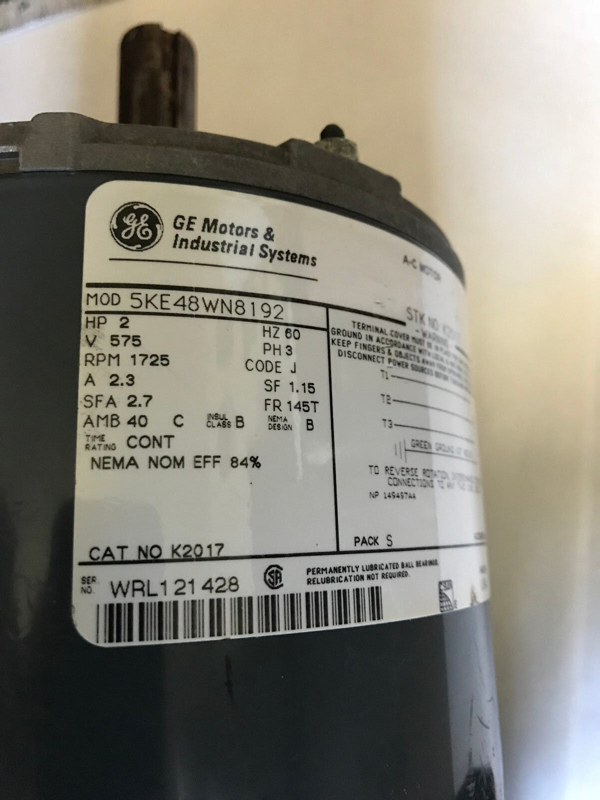 Ge 5Ke48wn8192,K2017,2Hp 575V 1725Rpm 3Ph Ac Motor A 2.3 Code J Amb 40 145T,Aj
