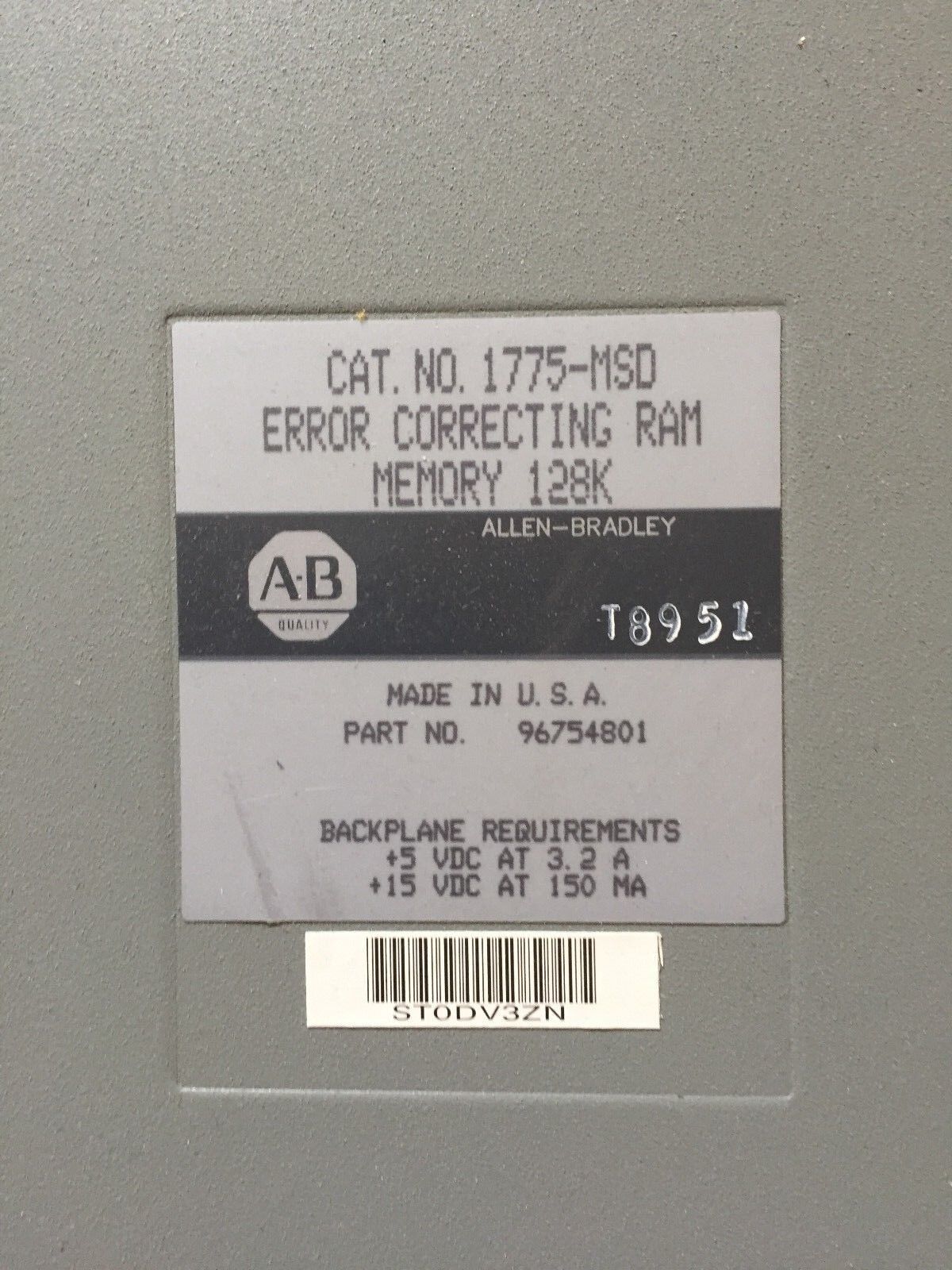 Allen Bradley 1775-Msd Memory Module Error Correcting Ram Memory 128K,Su