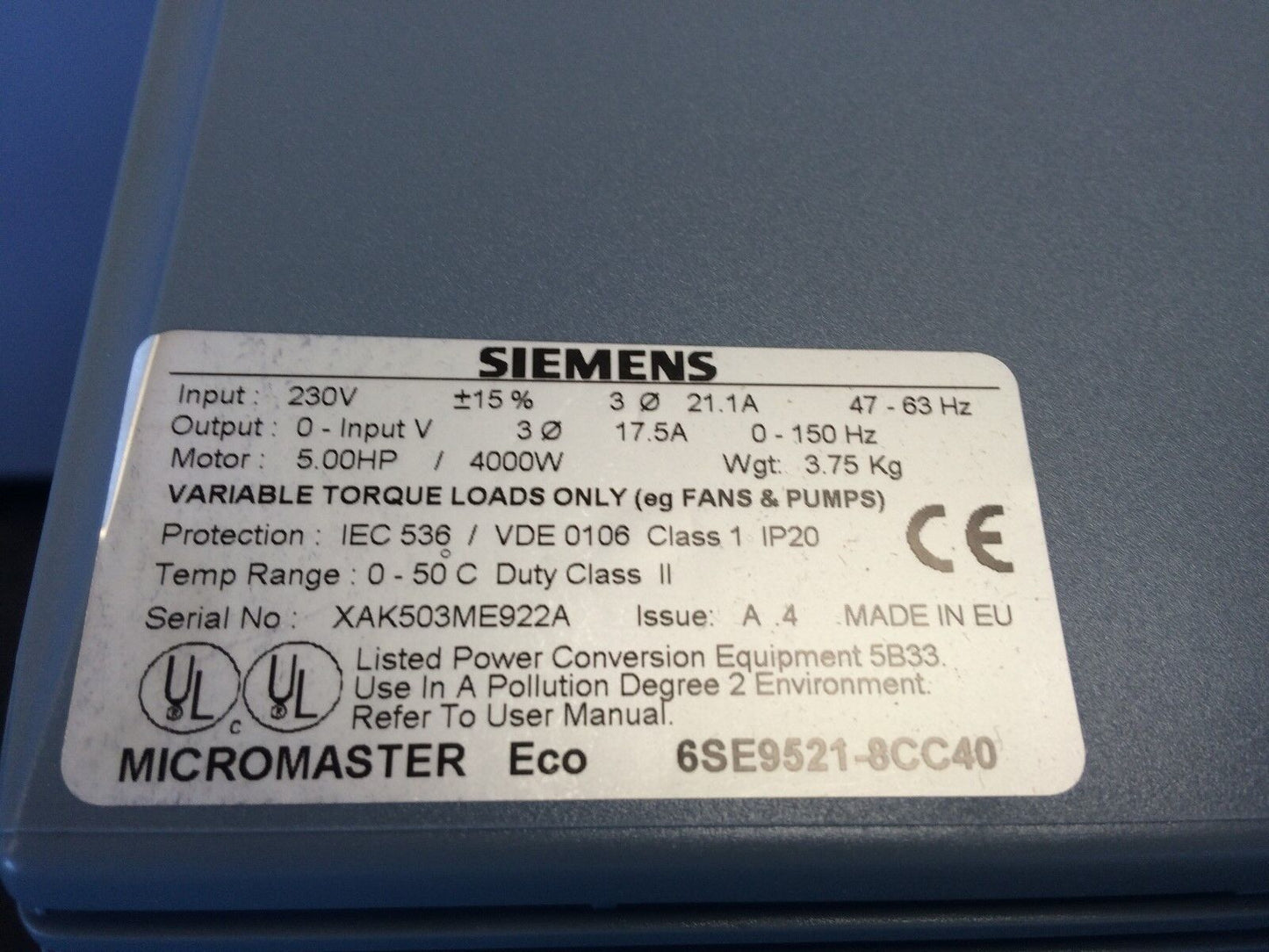 New Siemens 6Se9521-8Cc40,Dr Ac 6Se95 230V 3Ph 5Hp 15.2A,6Se9-521-8Cc40,Fc