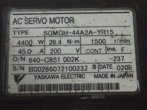 Yaskawa Sgmgh44a2ayr15 Ac Servo Motor, 4400 W, Rpm: 1500, 200 V,Bd