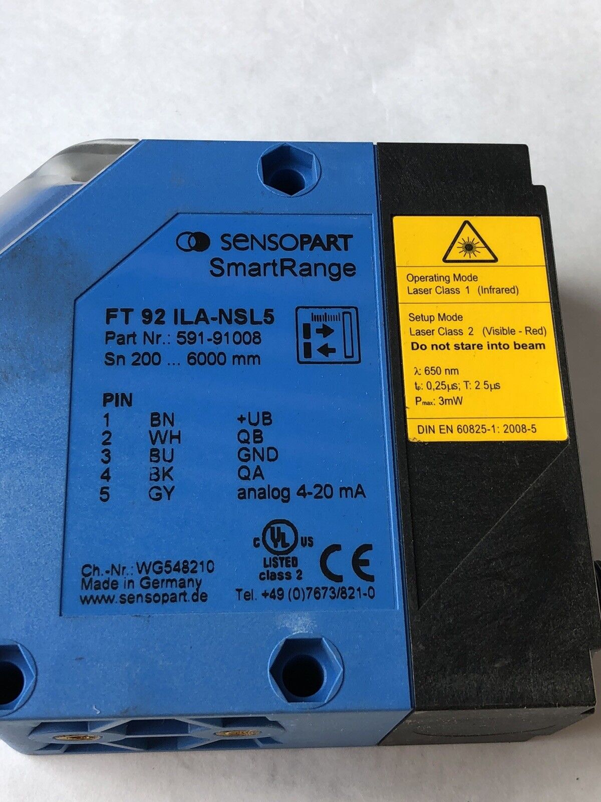 New Sensopart Ft 92 Ila-Nsl5 Smartrange Sensor, 591-91008 Range 200-6000Mm,Fb