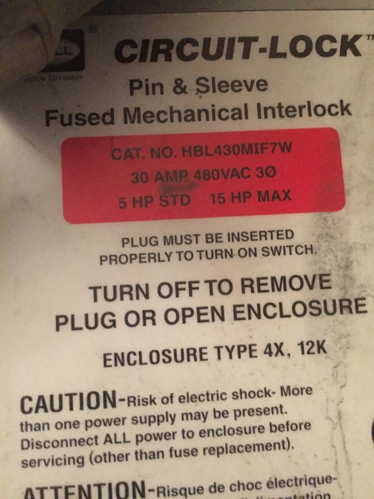 Hubbell Hbl430mif7w,Plug, Circuit Lock Pin & Sleeve Fused Interlock,Ae