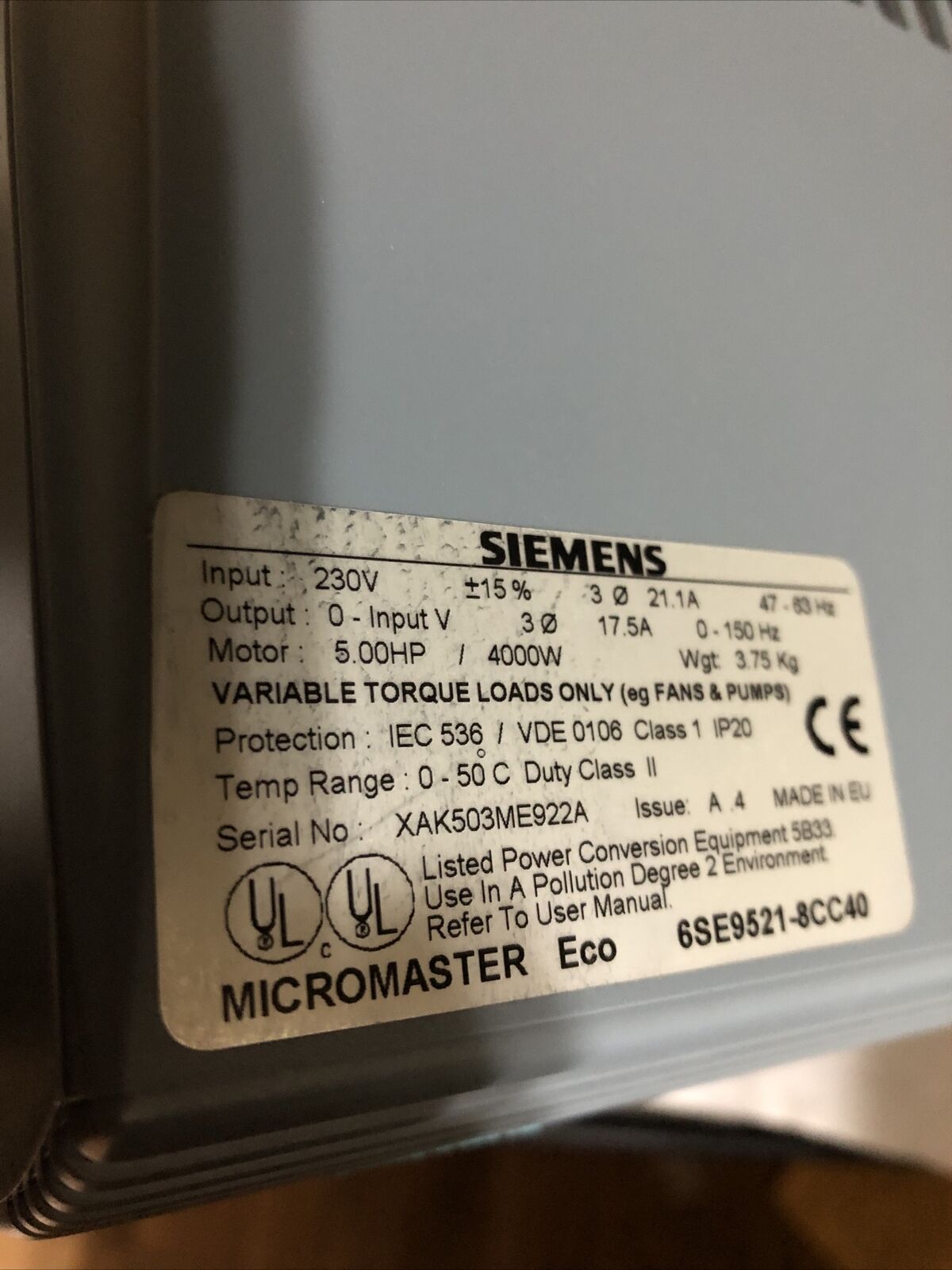 New Siemens 6Se9521-8Cc40,Dr Ac 6Se95 230V 3Ph 5Hp 15.2A,6Se9-521-8Cc40,Fc