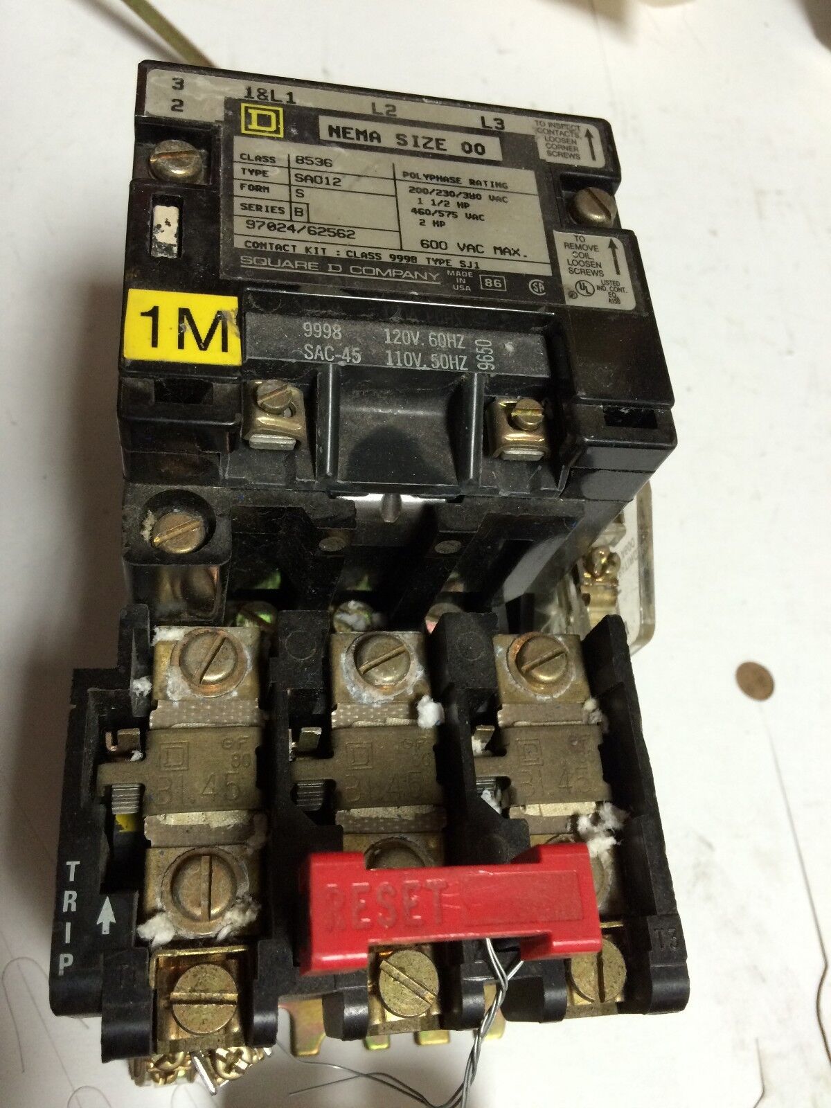 Square D Nema 00 Magnetic Motor Starter Class 8536 Sa012,8536 Sao12 3Ph 120V,Bq
