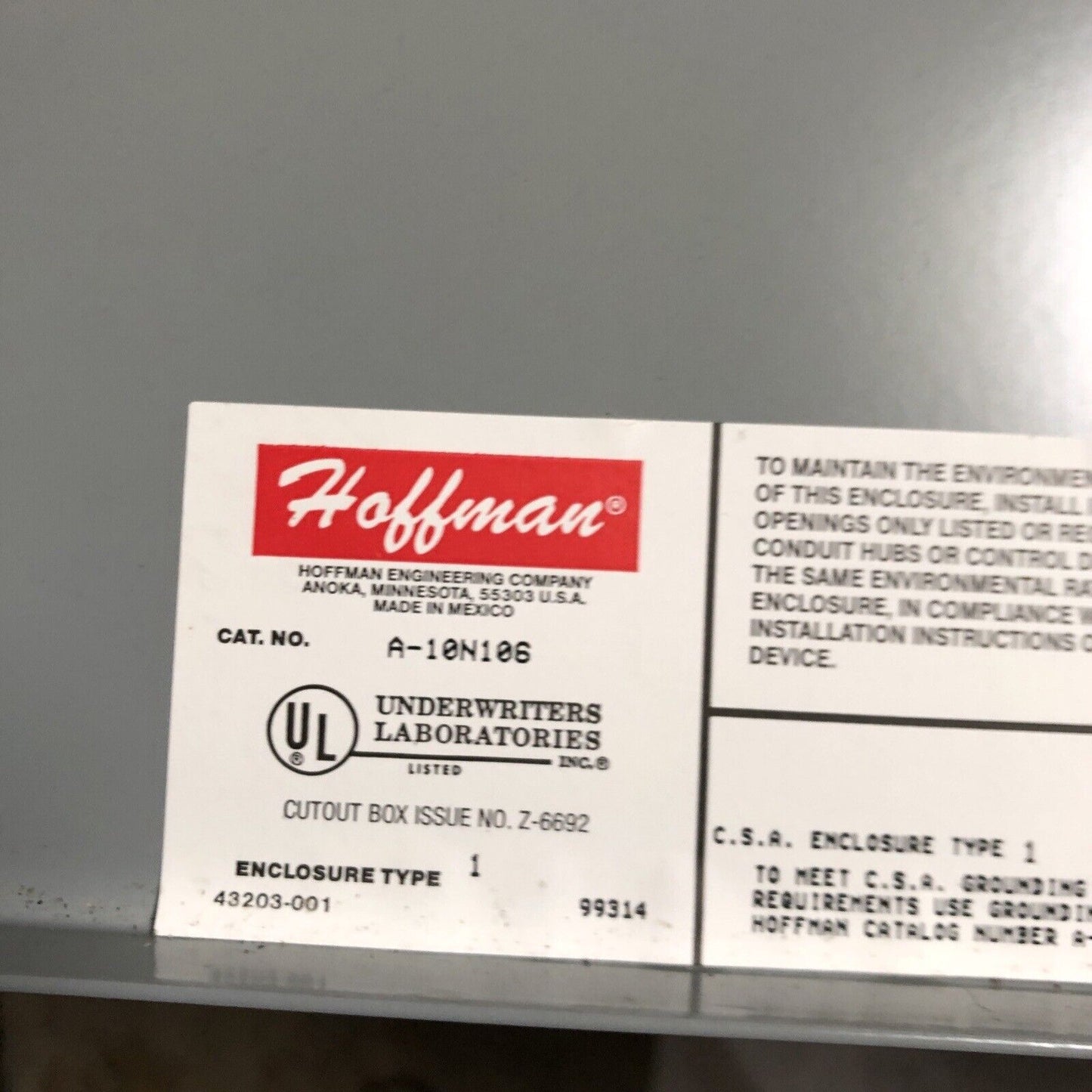 Hoffman A-10N106 Enclosure Box, Hoffman A 10N106, Hoffman A10n106,Al