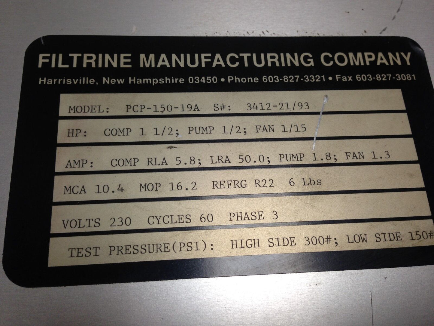 Filtrine Pcp-150-19A Closed Loop Coolant Chiller Control, 230Vac, 3-Ph ,Di