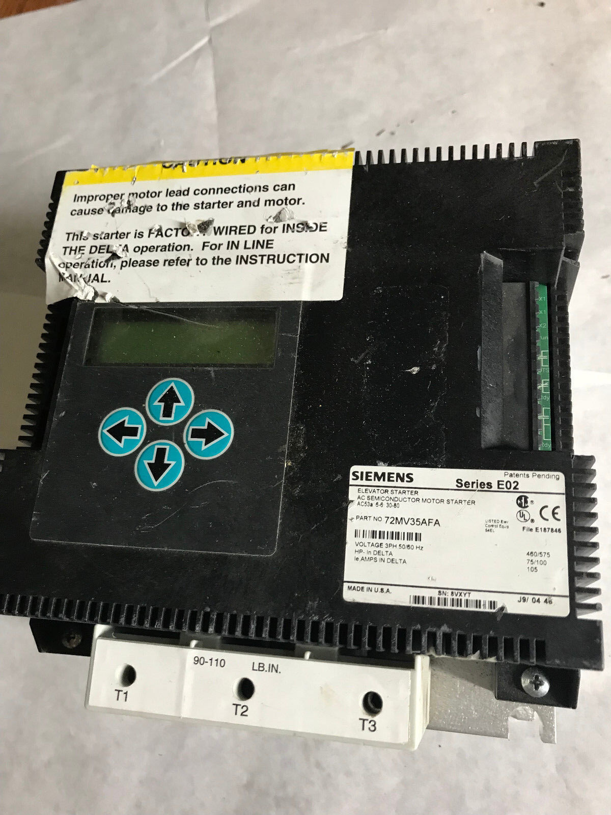 Siemens 72Mv35afa Solid Elevator Starter E02,3Ph 460/575V 75/100Hp 105Amp,Ag