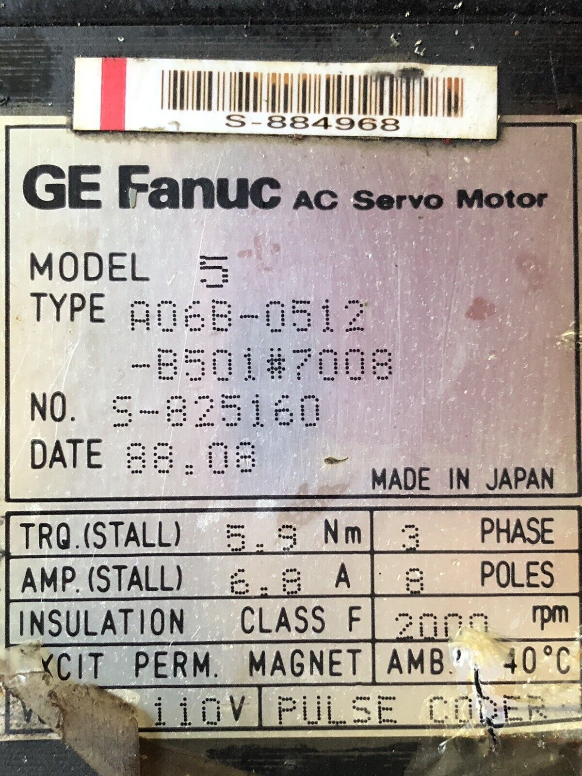 Ge Fanuc Model 5,A06b-0512-B501#7008 Ac Servo Motor, 3-Ph,110V,Rpm 2000,Th