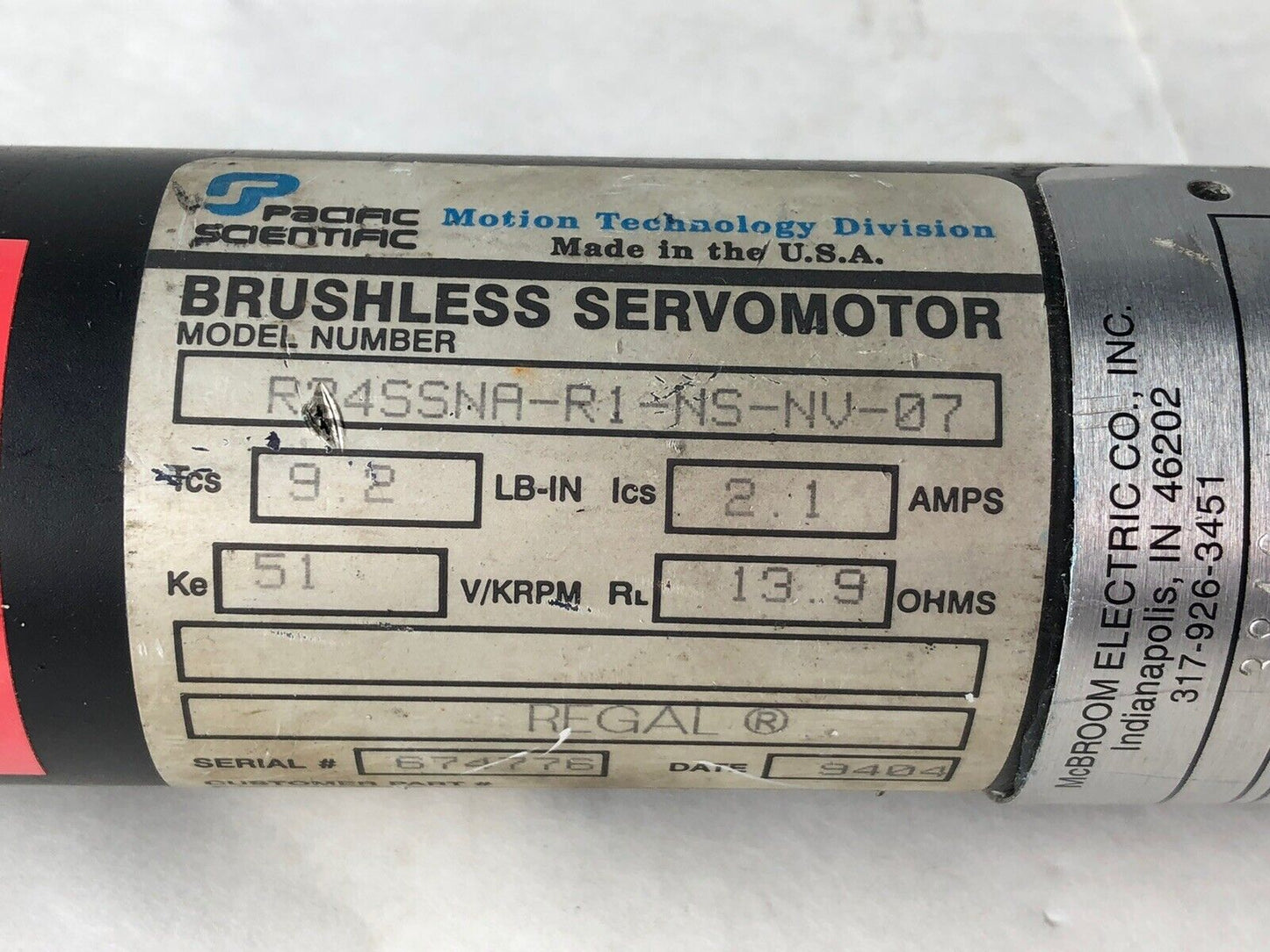 Pacific Scientific R24ssna-R1-Ns-Nv-07 Regal Dc Servo Motor,51 V/Krpm,Eh