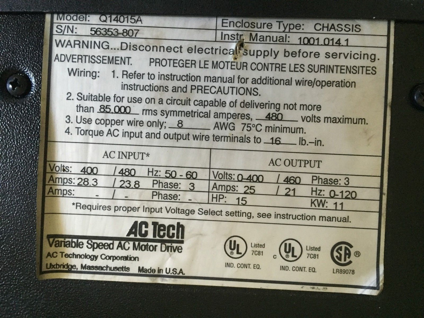 Ac Tech Q14015a Variable Speed Ac Motor Drive,15 Hp,Bc