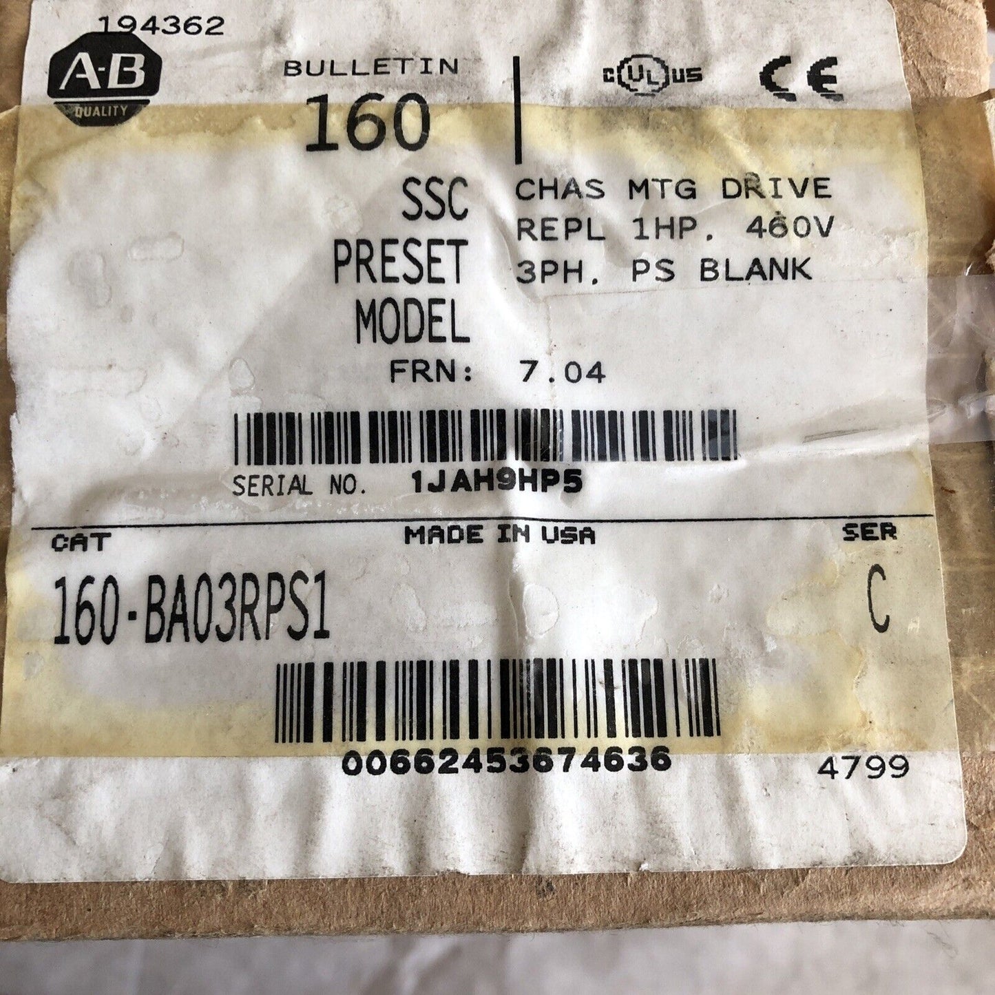 New Allen Bradley 160-Ba03rps1 Drive 1Hp 460Vac 3Ph Ps Blank Chassis Mounting,Ed