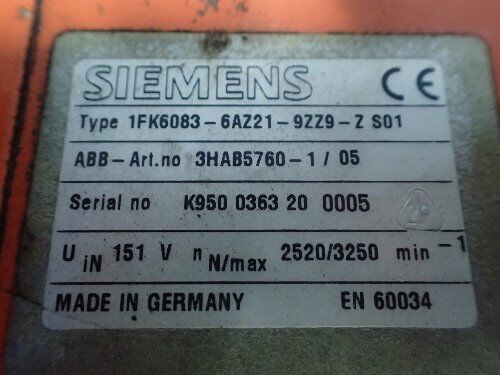 Siemens 1Fk6083-6Az21-9Zz9-Z S01, Abb 3Hab5760-1/05,115V Servo Motor,Bp