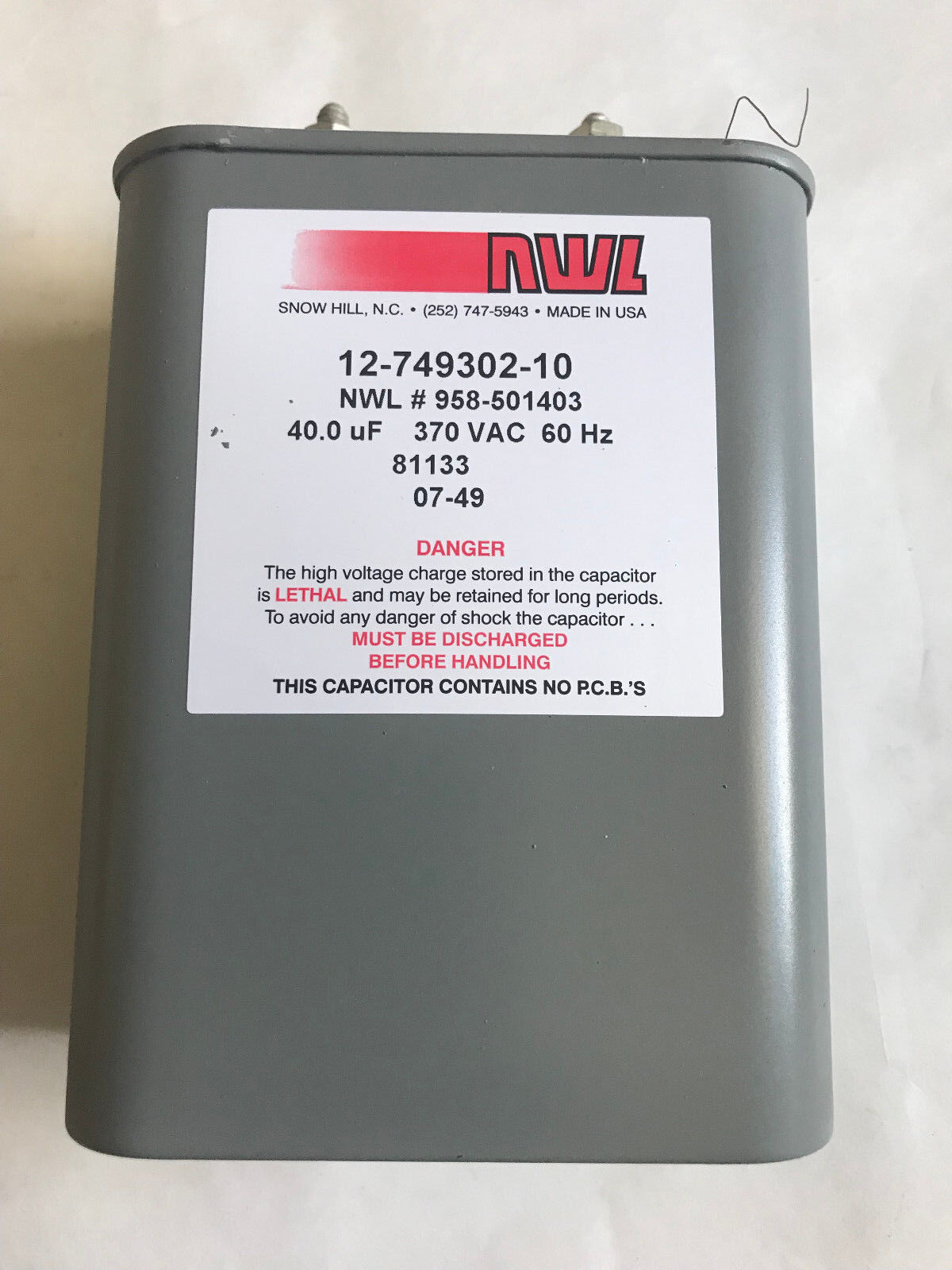 Emerson Electric 12-749302-10 Nwl,Paper Capacitor,40Uf 370Vac 60Hz 958-501403,Er