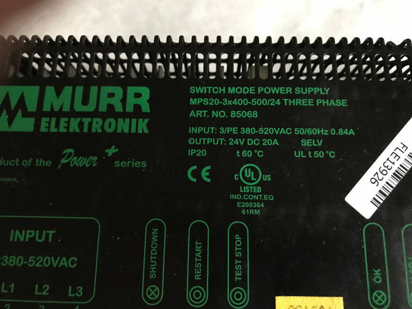 Murr Eletronik 85068 Switch Mode Power Supply,Mps20-3X400-500/24 Three ,Ek,Sj