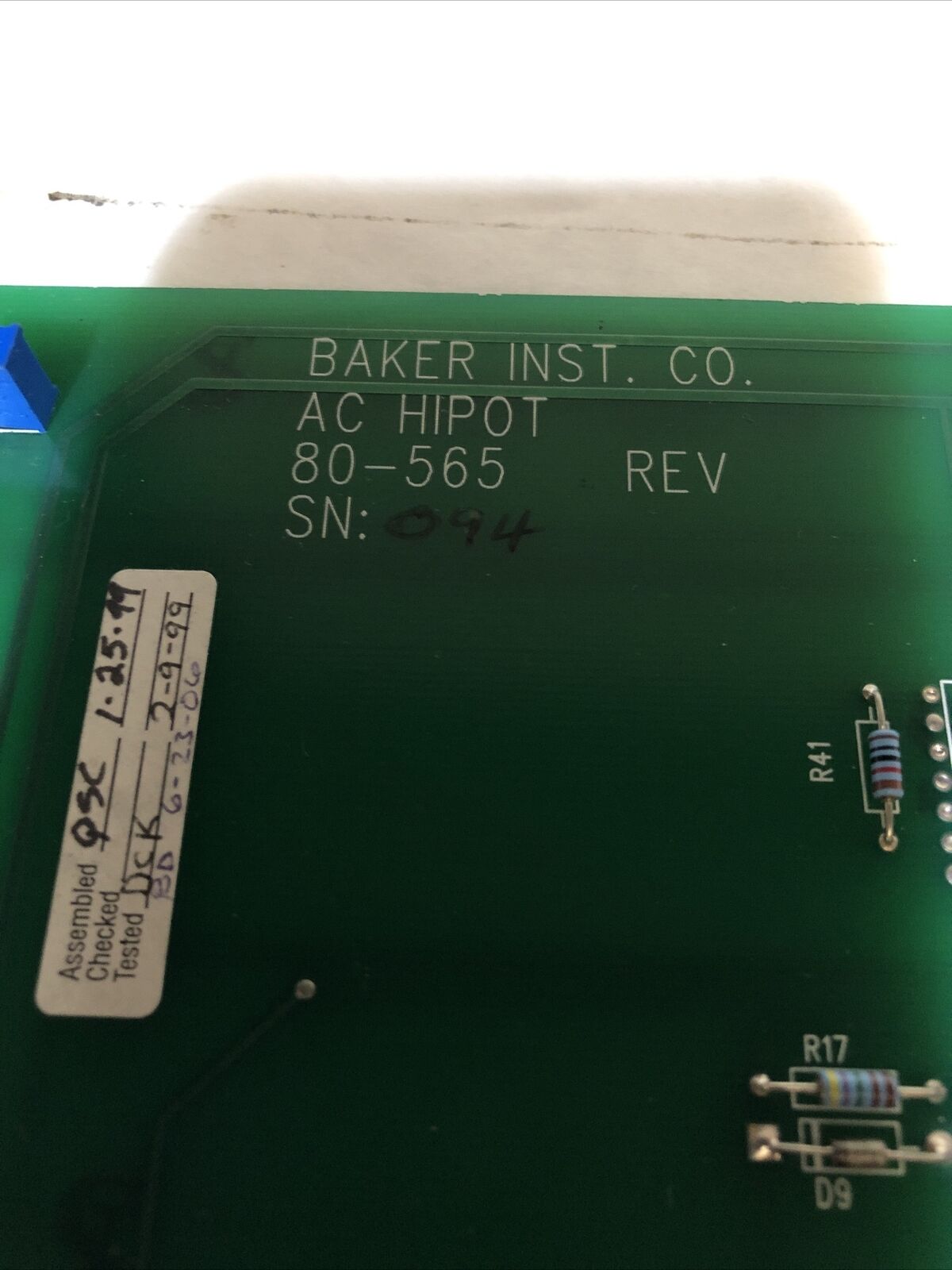 Baker Instrument 80-565 Rev Ac Hipot Pcb Board,(Excellent Condition),By