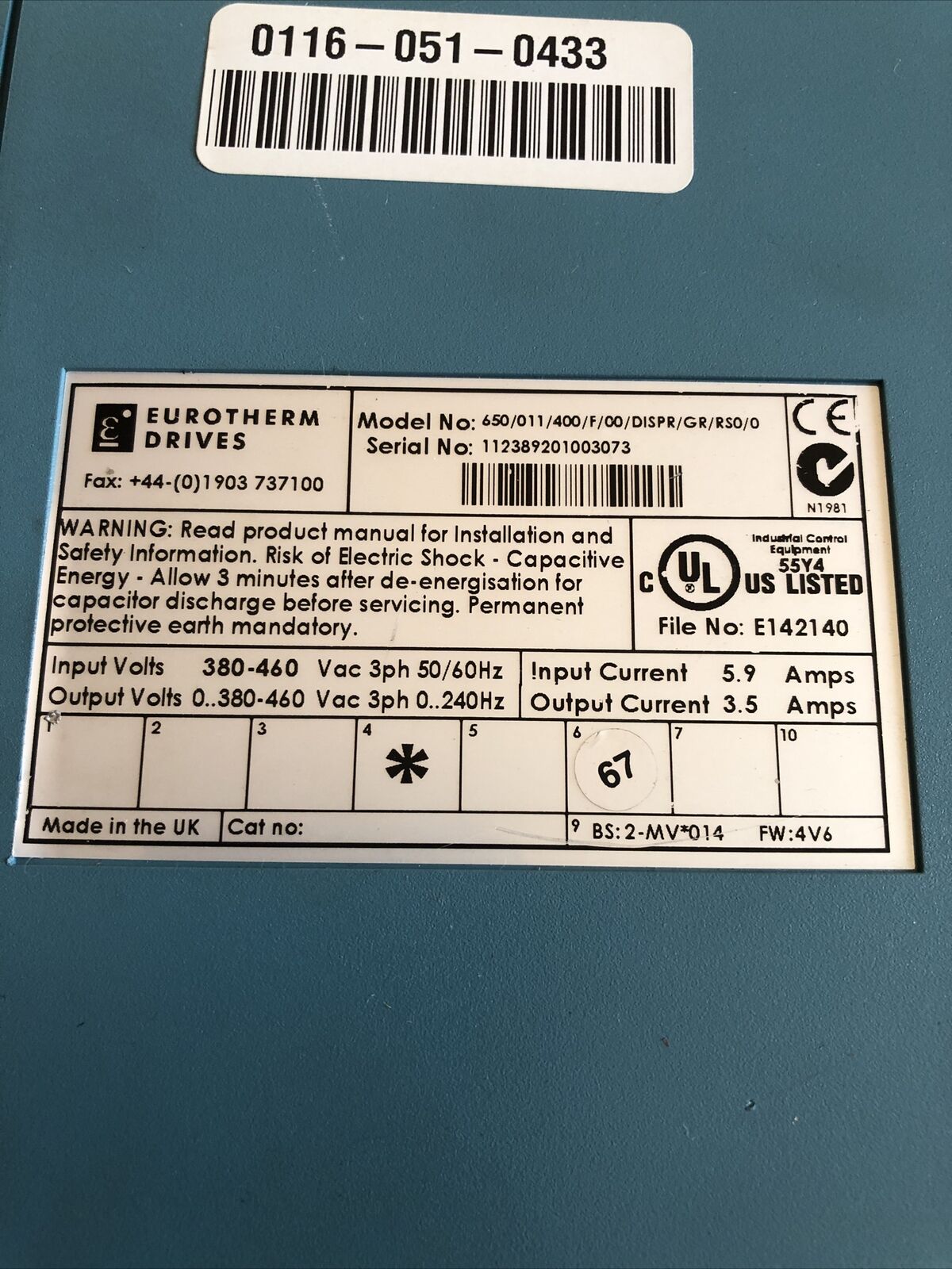 Eurotherm 650/011/400/F/00/Dispr/Gr/Rso/0 Drive,650 Series 380-460Vac,Bb