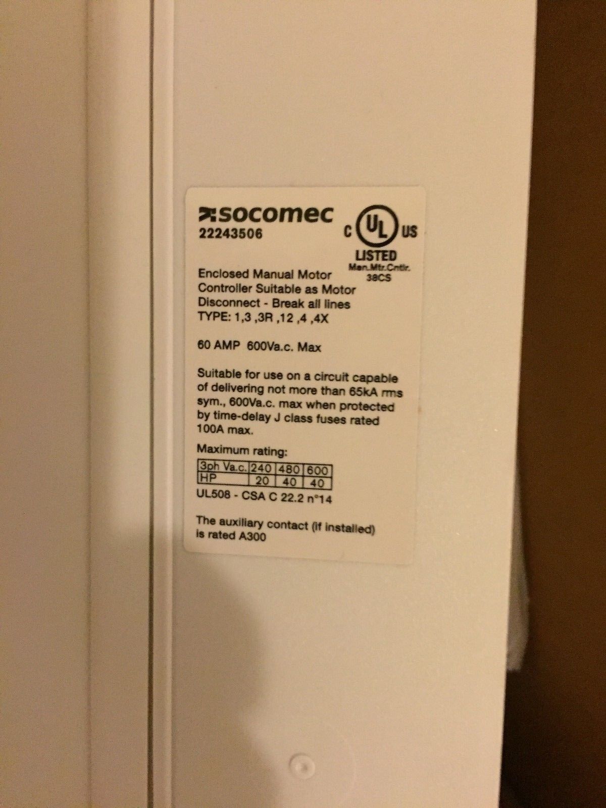 New Socomec 22243506,2200Div5,Sirco M2 Manual Motor Controller,600Ac,60Amp,Tl