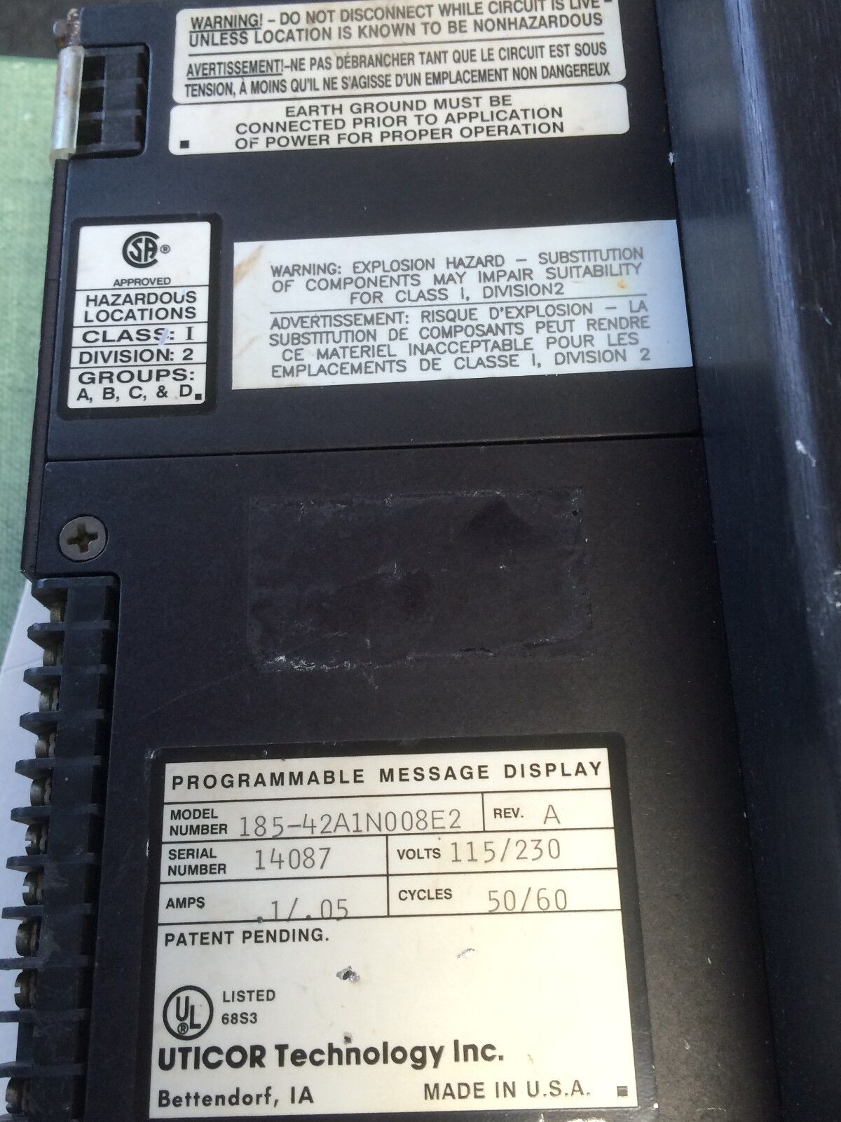 Uticor 185-42A1n008e2 Operator Interface Panel, 115/230 Vac Pci 185,Bf