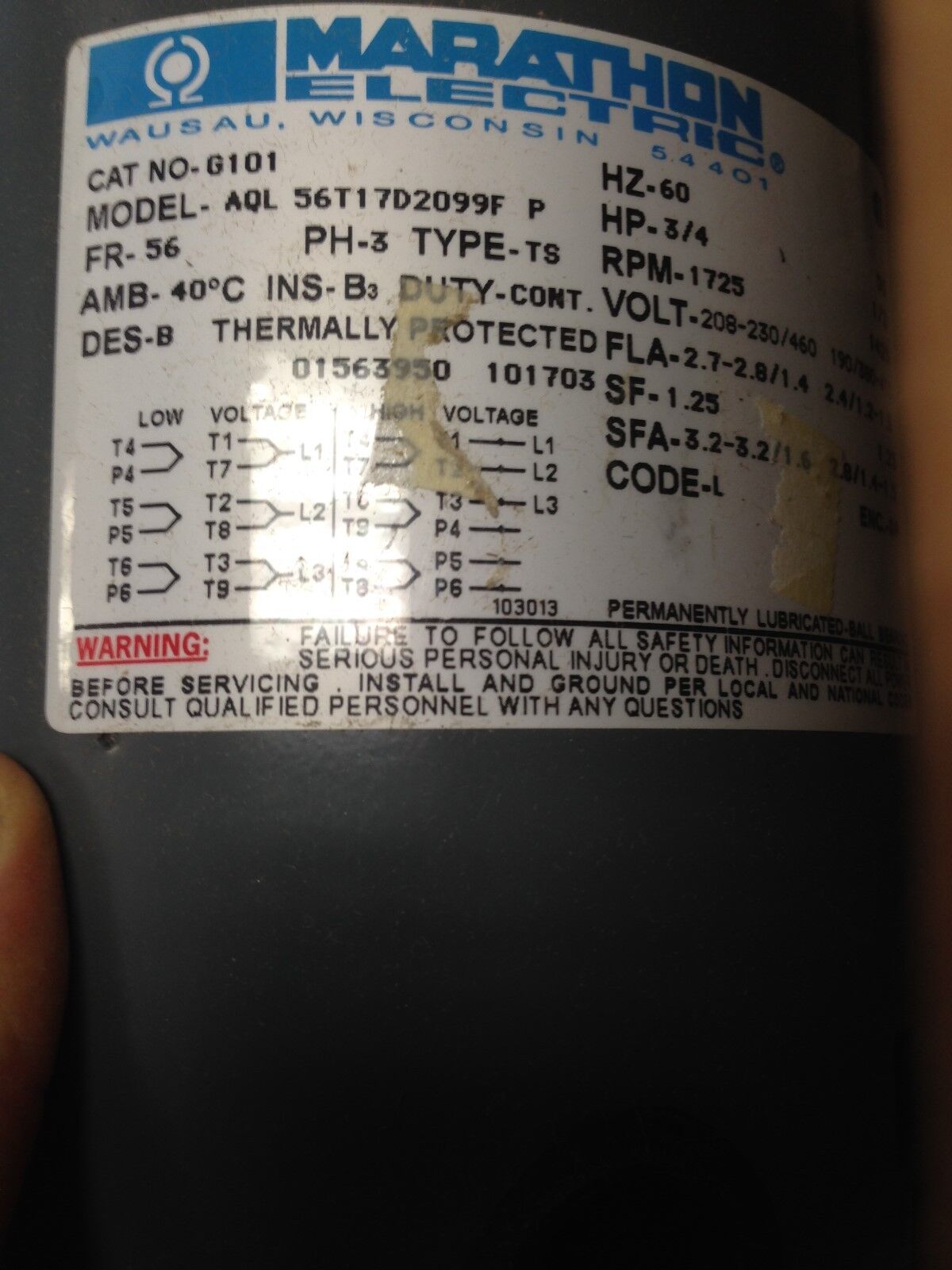 New Aql56t17d2099f P Marathon Electric Aql56t17d2099 Cat No-G101 3/4Hp,Ez