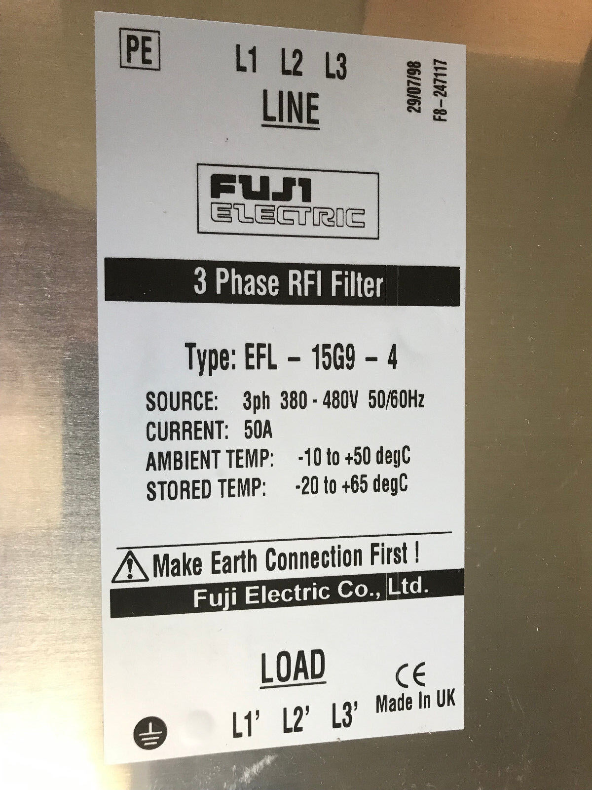 New Fuji Electric Efl-15G9-4 J Rfi Filter, 3 Phase, 380 - 480 Vac,F8-247117,Et