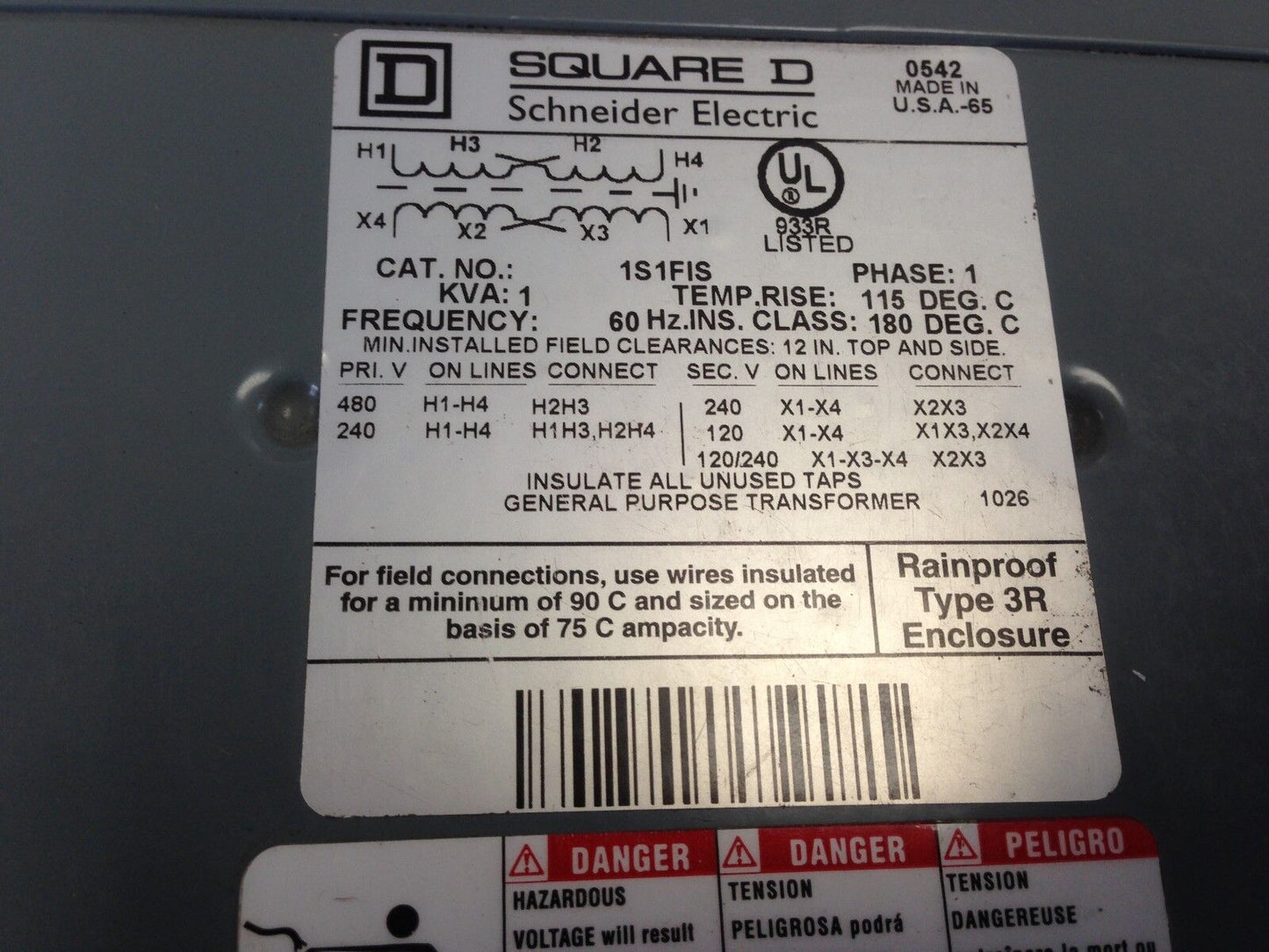 Square D 1S1fis Schneider Transformer Dry 1Kva 240X480v-120/240V 1Ph,Av