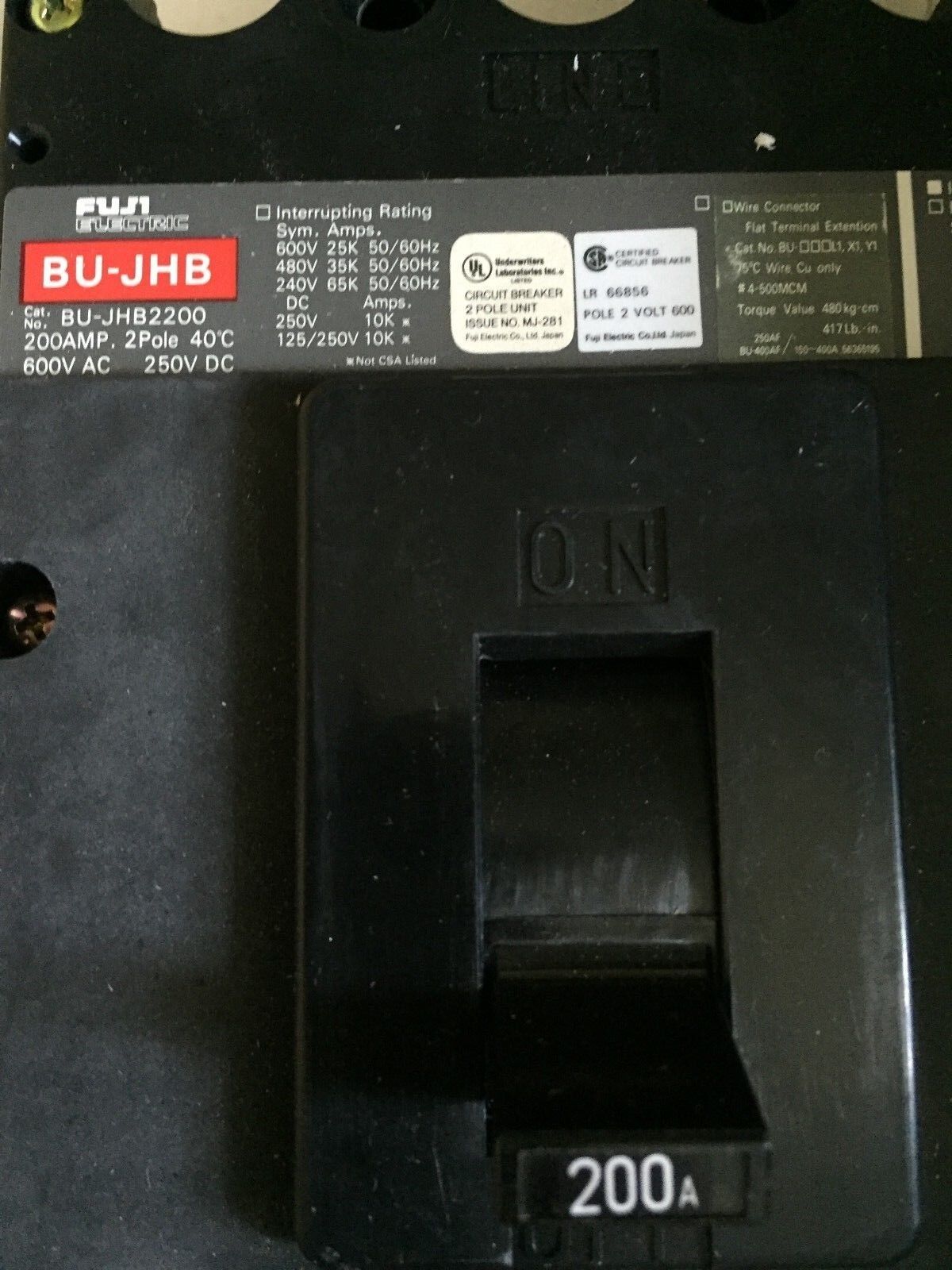 New Fuji Electric Bu-Jhb2200,Bu-Jhb, 200A, 600Vac 2 Pole Circuit Breaker,Bp