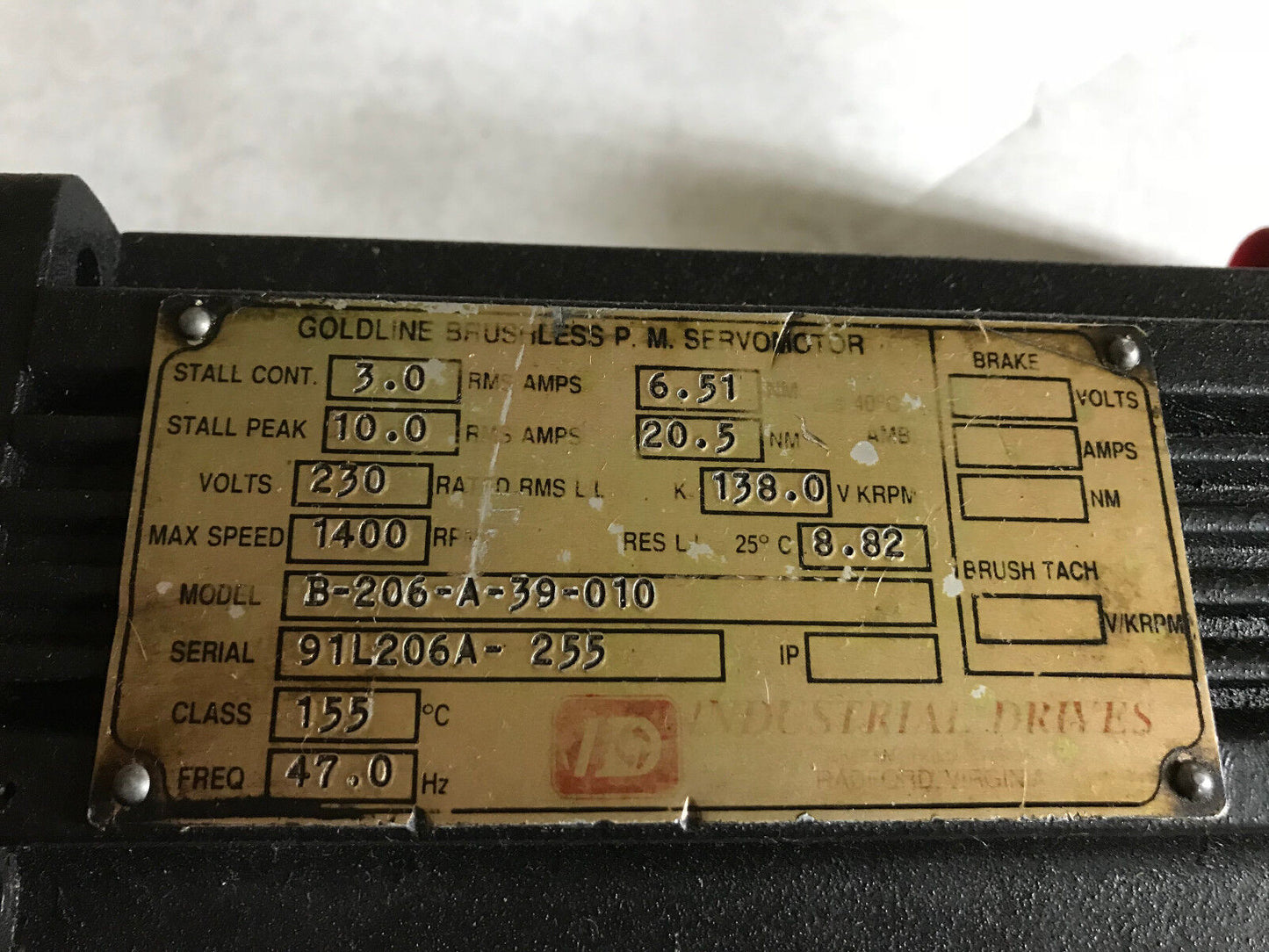 Goldline Brushless P.M. B-206-A-39-010 Servo Motor,Goldline B-206-A-39-010,Eo