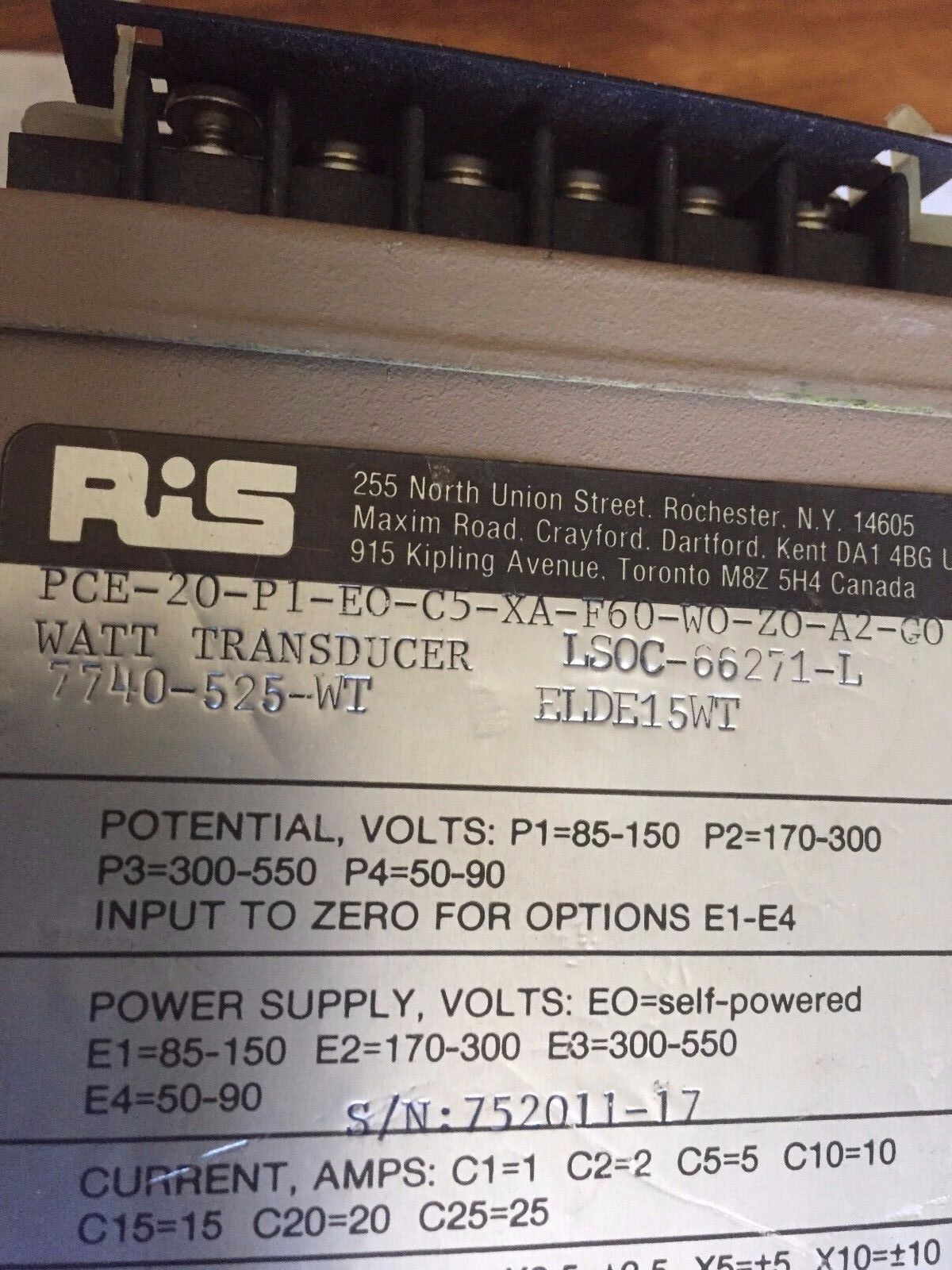 Ris Pce-20-P1-E0-C5-Xa-F60-W0-Z0-A2-G0,Ris Pce-20 Watt Transducer Rochester,Ap