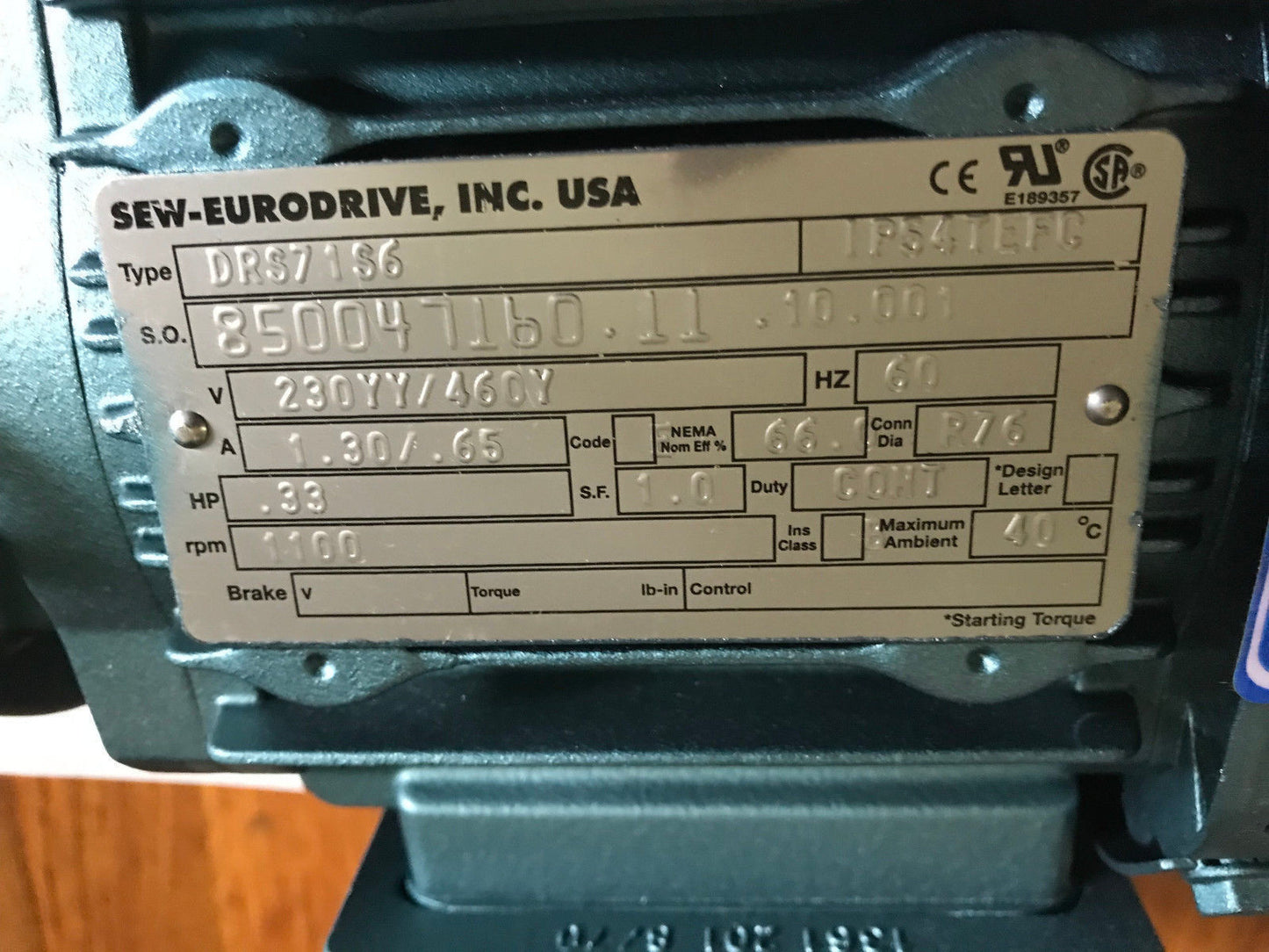 Sew-Eurodrive Drs71s6,Saf47drs71s6 Gearmotor .33Hp 1100Rpm 230Yy/460Y Cont,Ae
