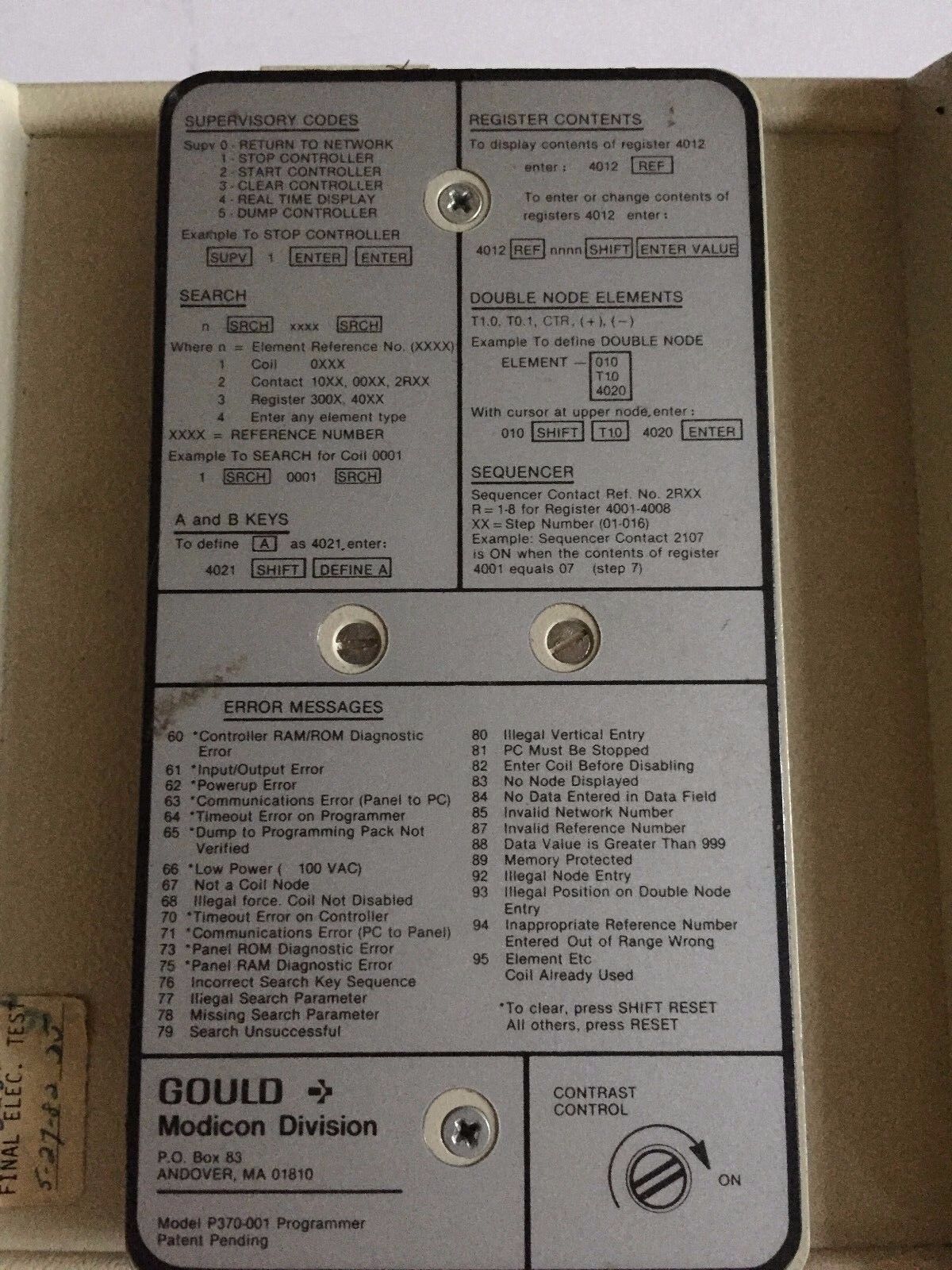 Gould P370-001 Modicon P370 Micro 84 Programmer Terminal Asp370000 ,Bl