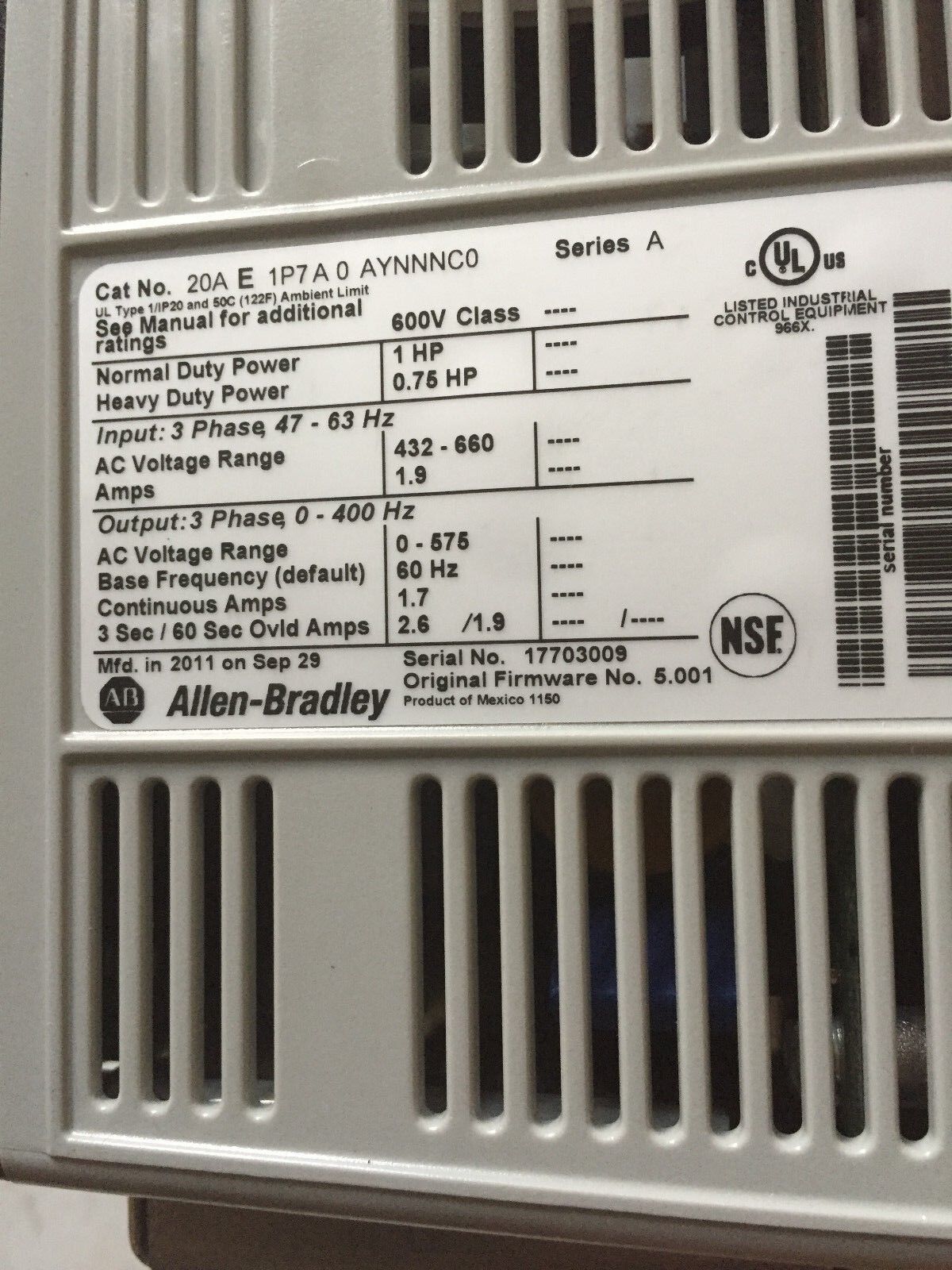 New Allen Bradley 20A E 1P7 A 0 Aynnnc0 Powerflex 1Hp,20Ae1p7a0aynnnc0,Cy