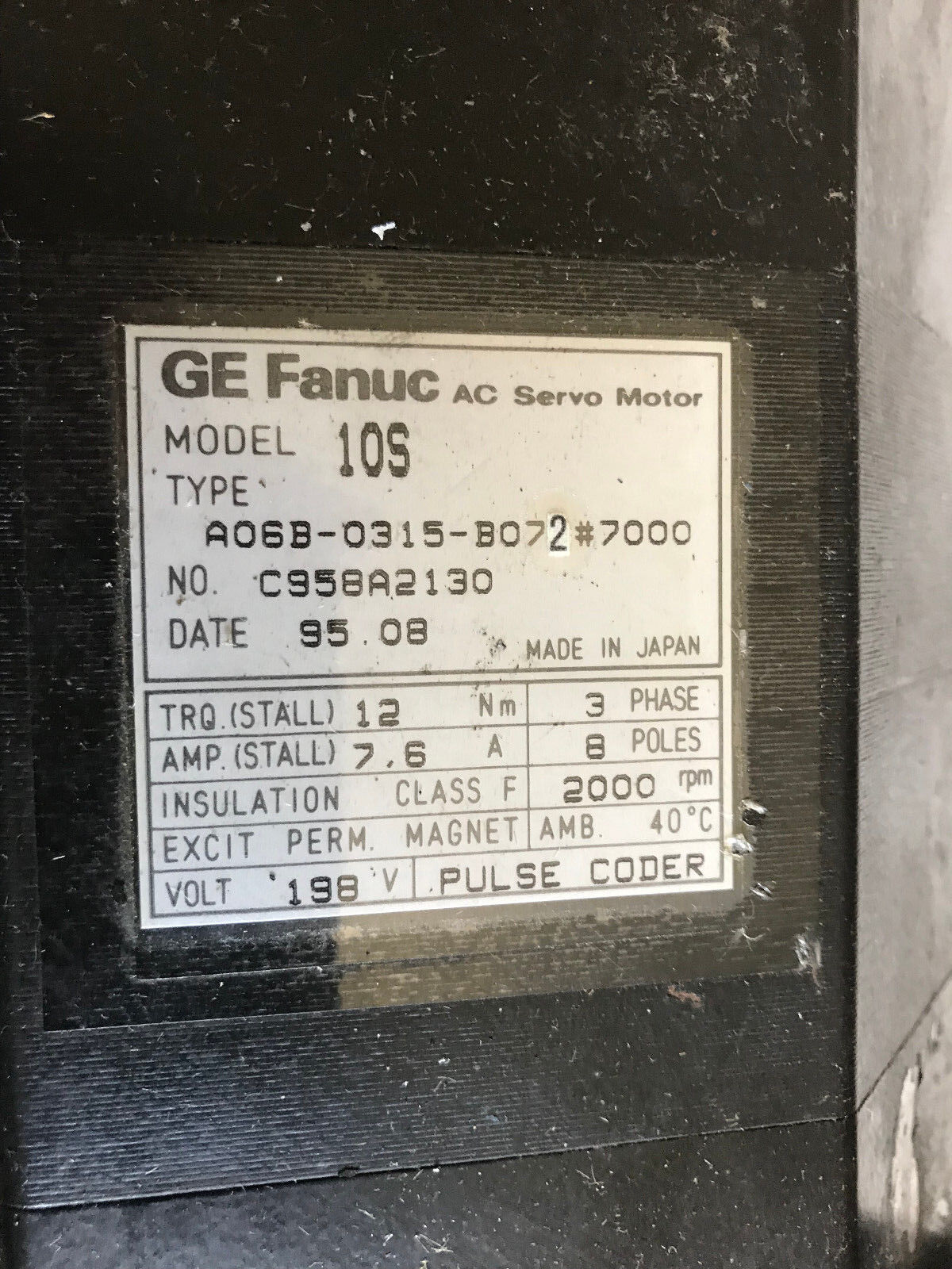 New Ge Fanuc A06b-0315-B072#7000,10S,Ac Servo Motor,7.6A,2000-Rpm,C958a2130,Sa