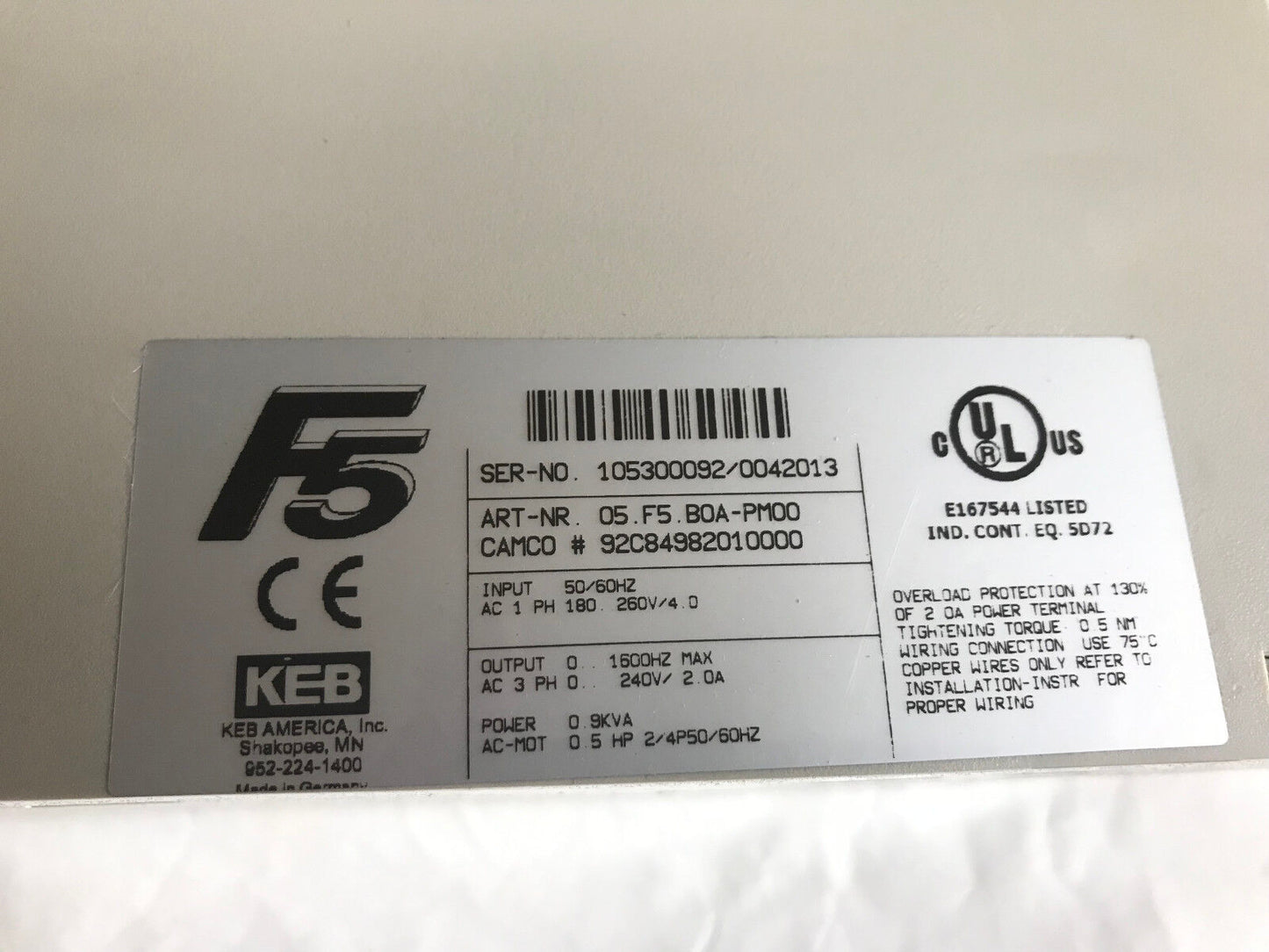 New Keb F5 05.F5.Boa-Pm00 Combivert 05.F5.Boa-Pmoo 0.9 Kva,05.F5.B0a-Pm00,By