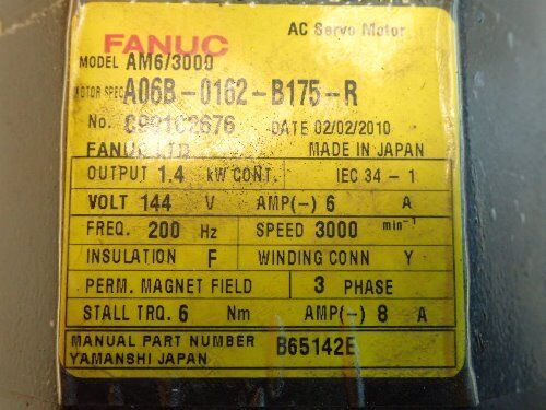 Fanuc A06b-0162-B175-R, Ac Servo Motor. 144V, 6A, 3000Rpm.,Am6/3000,Tf