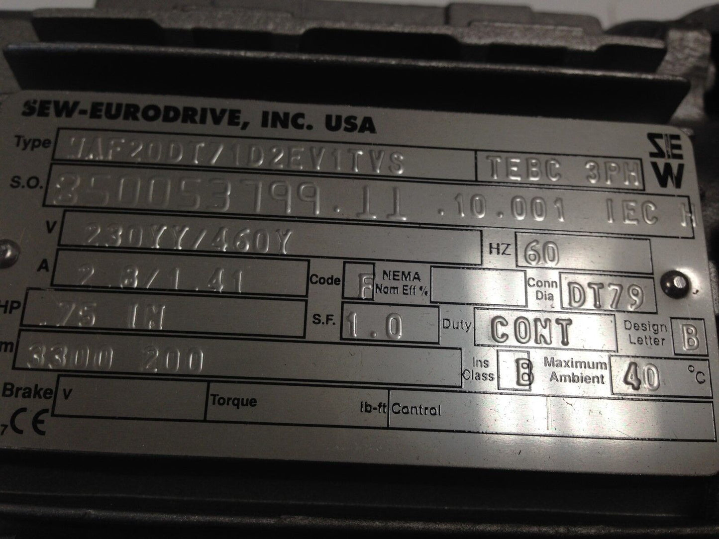 New Sew Eurodrive Waf20dt71d2ev1tvs 3Ph ,A2e170-Af25-12,0182-3582,Tb