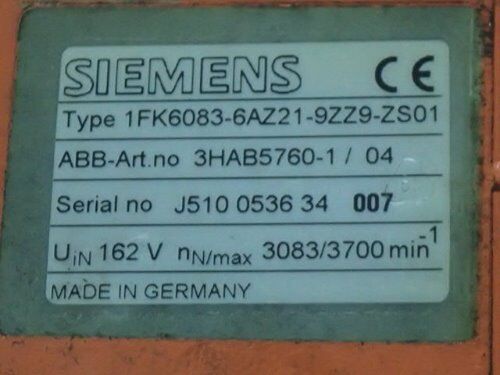 Siemens 1Fk6083-6Az21-9Zz9-Zs01 ,3Hab5760-1 / 04 Servo Motor,Ao,Bp