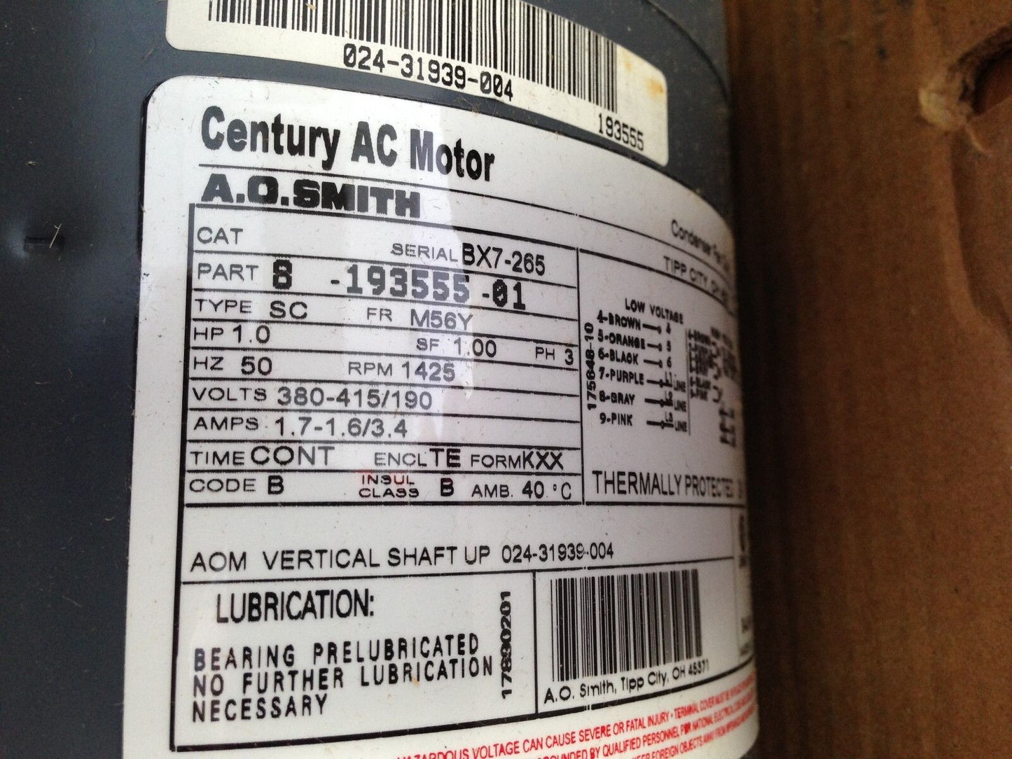 New A.O. Smith 8-193555-01 Motor M56y 1Hp 1425Rpm 380/415Vac 50Hz 3Ph Cond,Aj