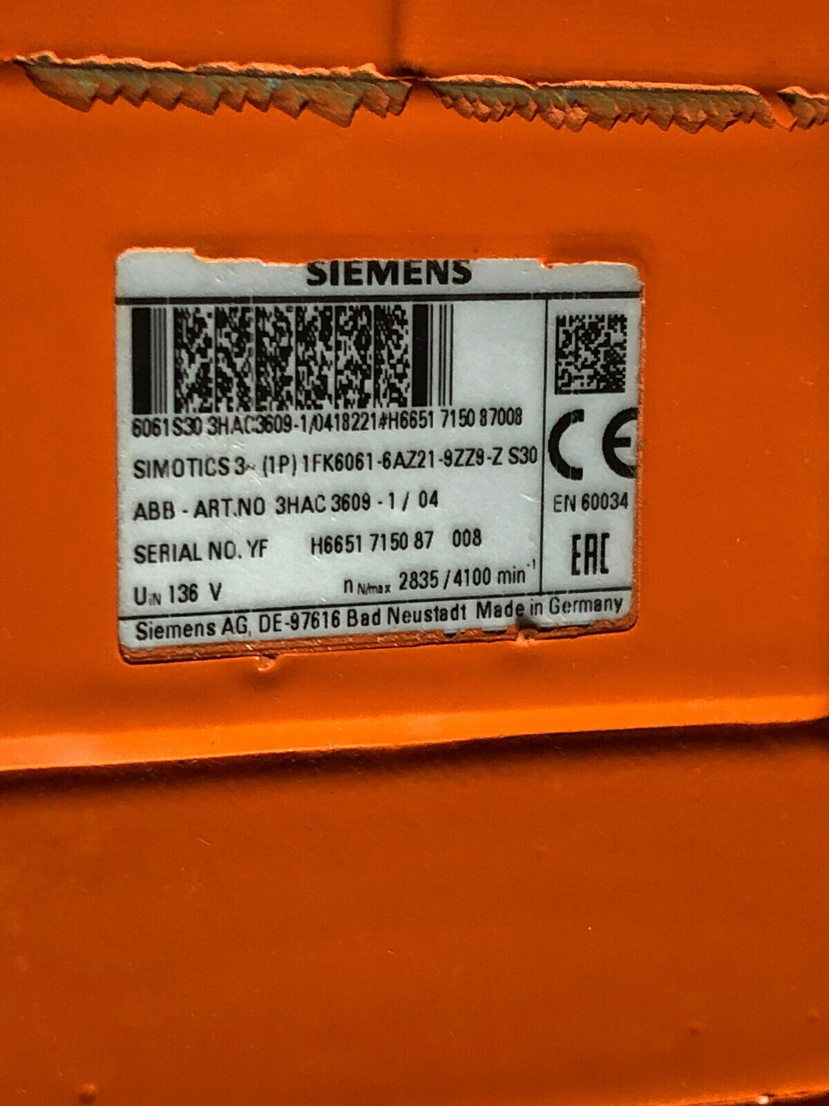 New Siemens 3Hac 3609-1/04 Motor. Abb 2835/4100 Rpm,1Fk6061-6Az21-9Zz9-Z S30,Am