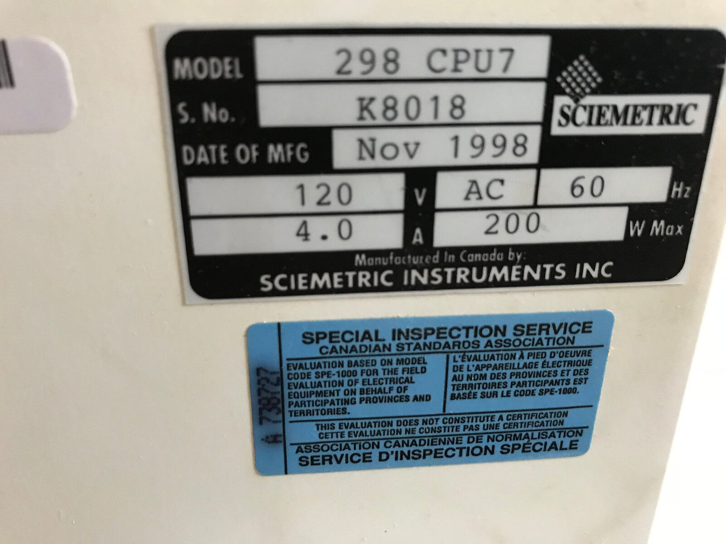 Sciemetric 298 Cpu7 Test Drawer Analysis System Controller Computer 120V,200W,Sb