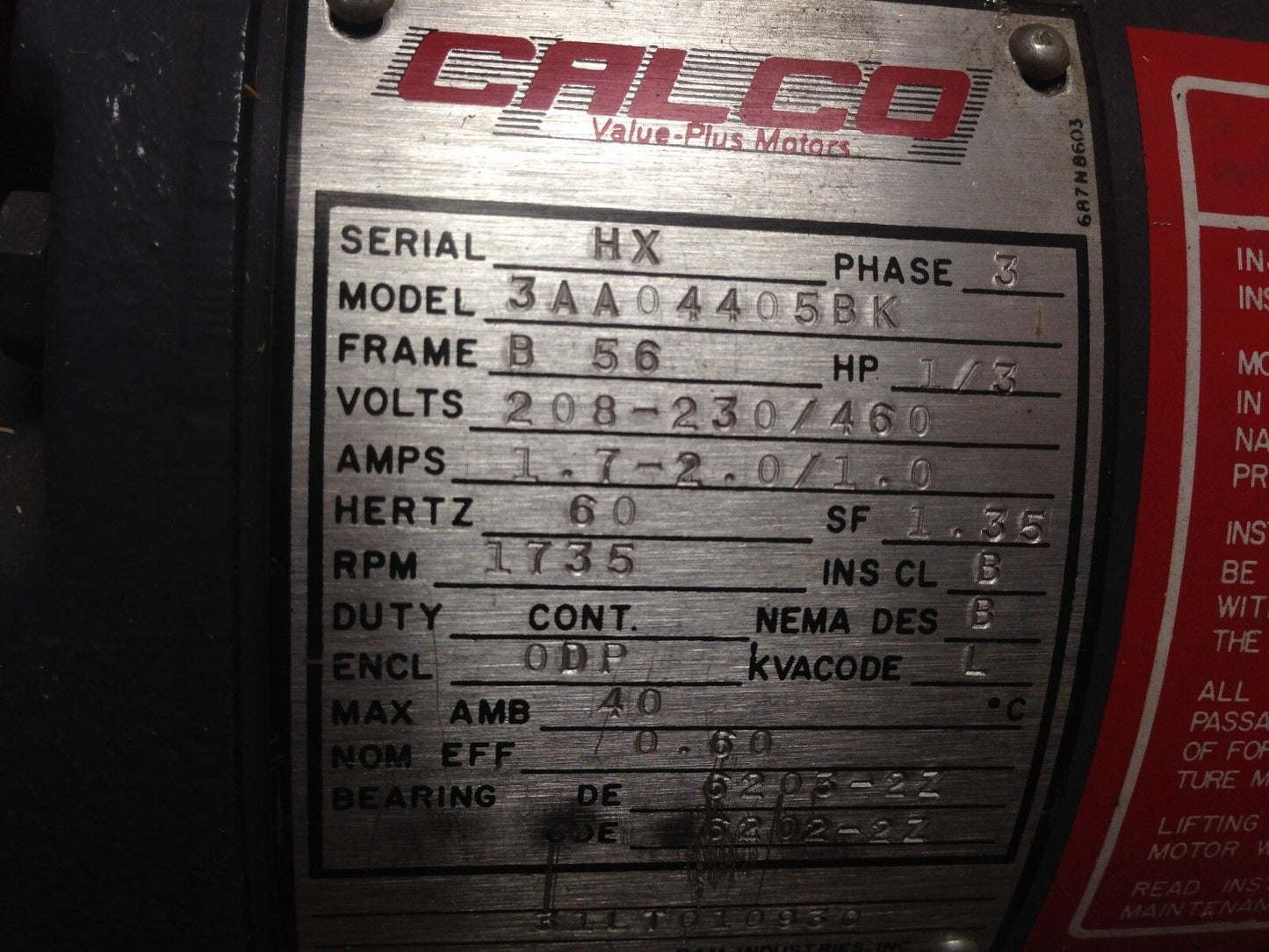 New 3Aa04405bk Calco Motors Motor Ac 1735Rpm 3Phase Xb56/Ca 1/3Hp,B 56,208V,Eg