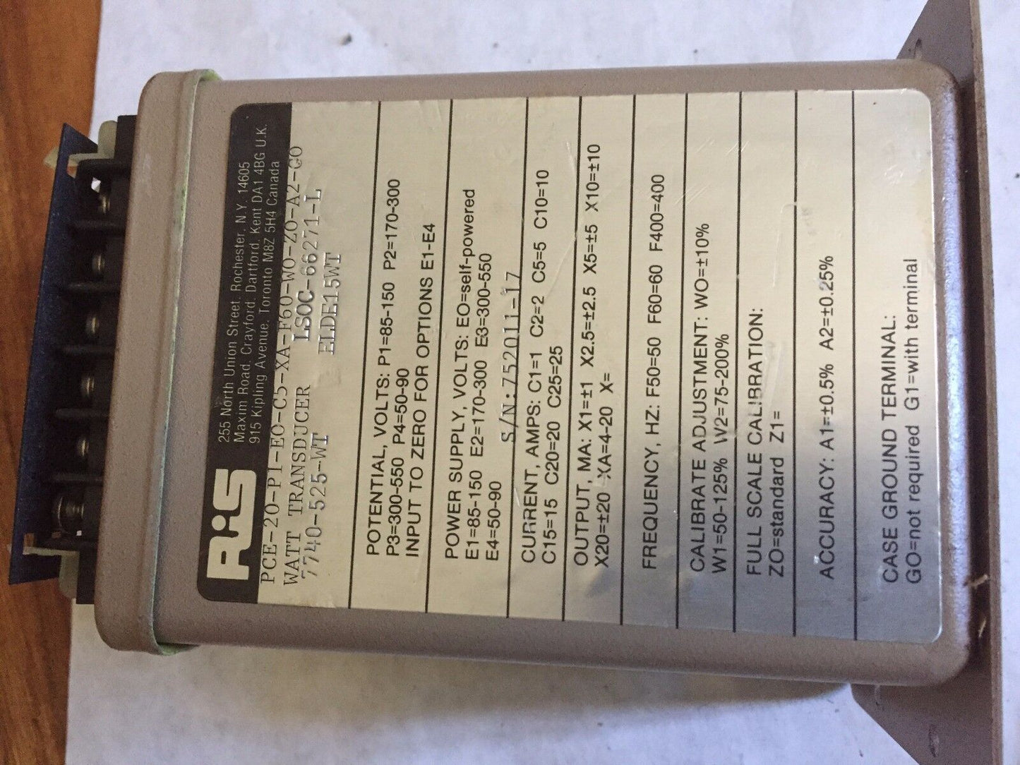 Ris Pce-20-P1-E0-C5-Xa-F60-W0-Z0-A2-G0,Ris Pce-20 Watt Transducer Rochester,Ap