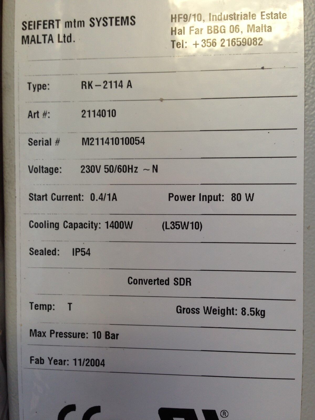 New Seifert Rk-2114A Heat Exchanger, 230Vac, 1400W, 0.4/1A 3136226, 4475358,Ar