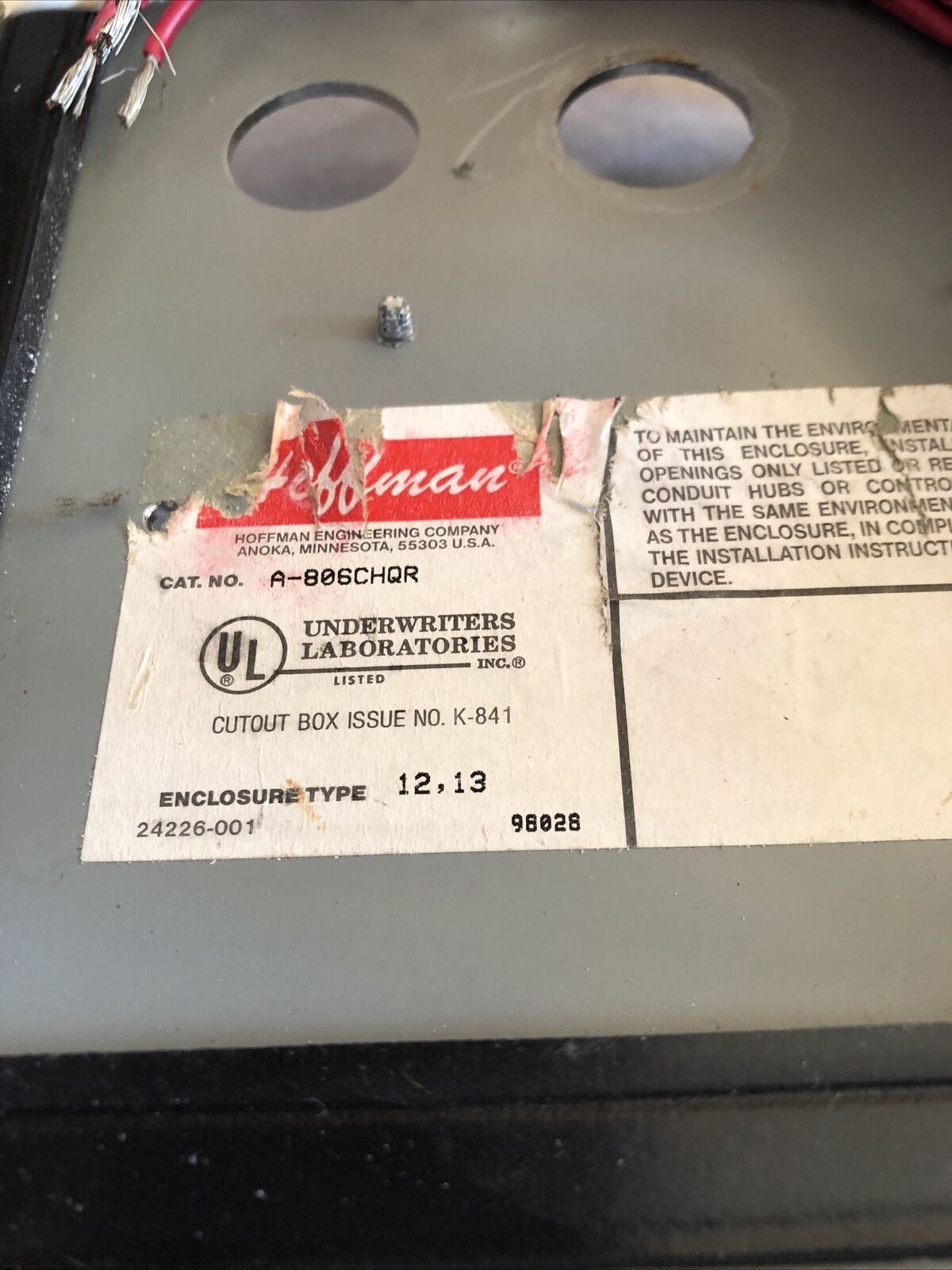 Hoffman A-806Chqr Electrical Enclosure, Honeywell A806chqr Controller,Bs
