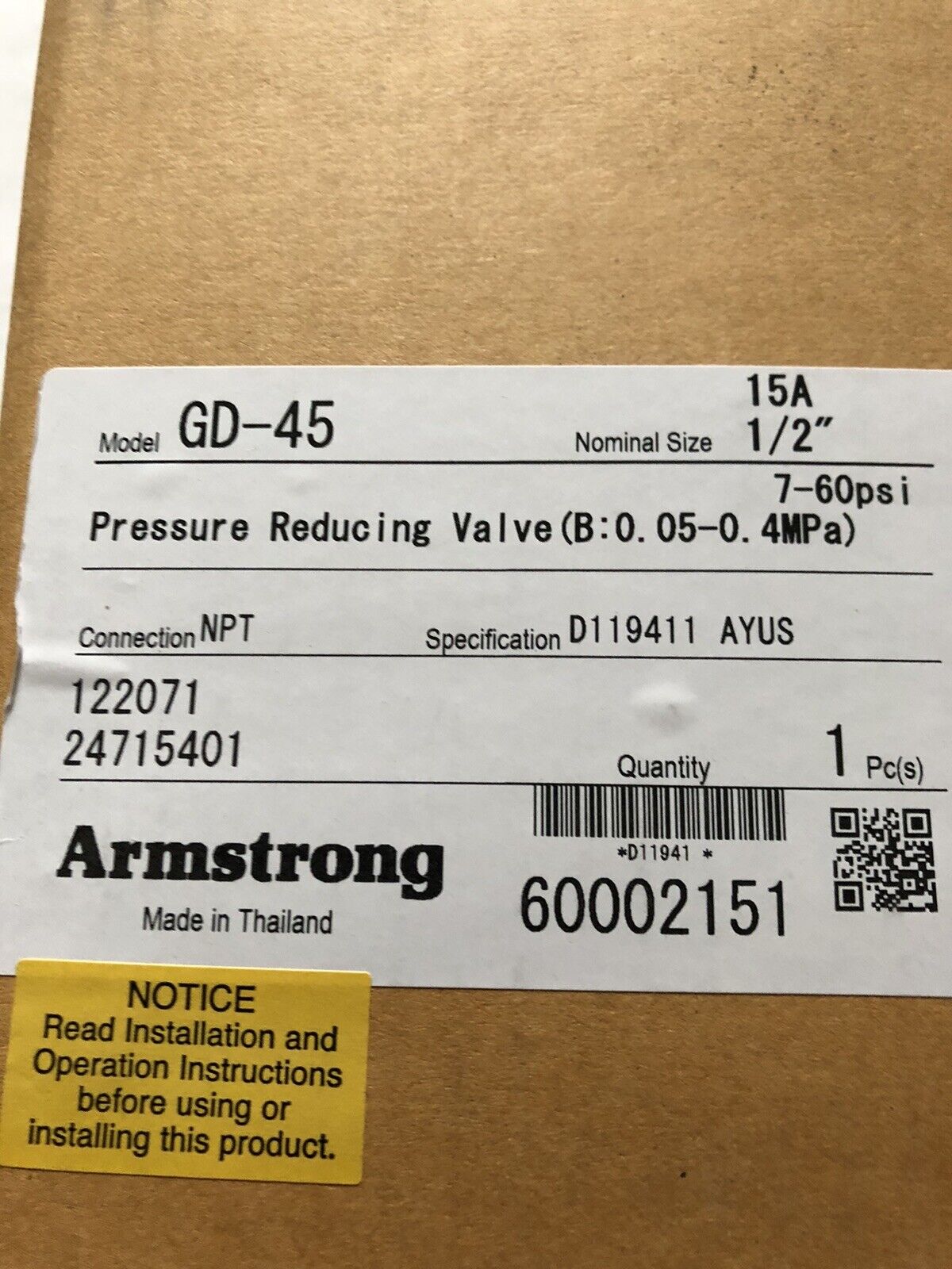 New 1/2” Armstrong Gd45,Gd-45 Valve, Live Steam Pressure Regulator Regulating
