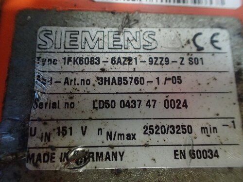 Siemens 1Fk6083-6Az21-9Zz9-Z S01, Abb 3Hab5760-1/05,115V Servo Motor,Bp