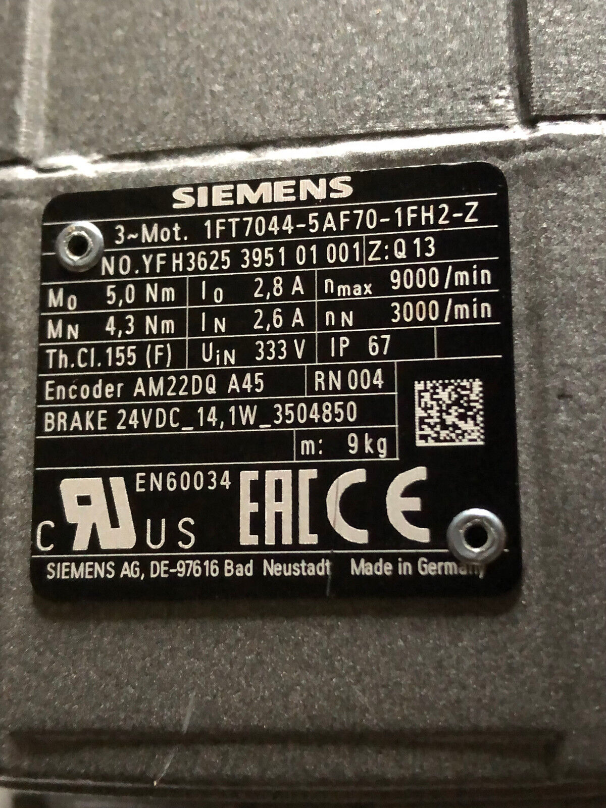 New Siemens 1Ft7044-5Af70-1Fh2-Z Motor,Yfh3625 3951 01 001,3Ph,Bj