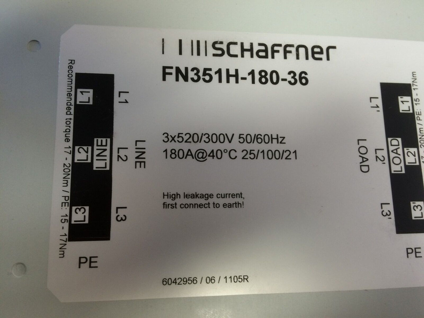 New Schaffner Sn351h-180-36 High-Power Emc Line Filter, 3X 520/300 Vac,Bs