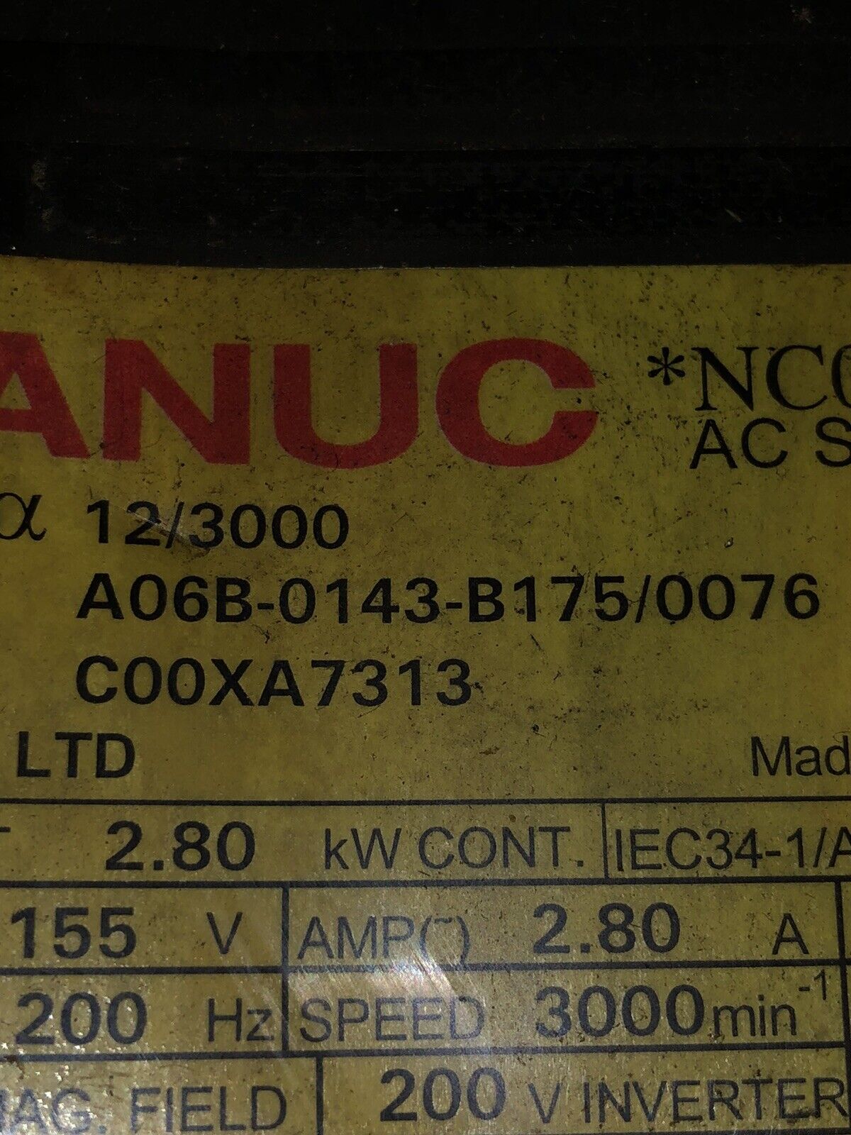Used Ge Fanuc 12/3000,A06b-0143-B175/0076 Ac Servo Motor,3Ph,Iec34-1 15.00A,Te