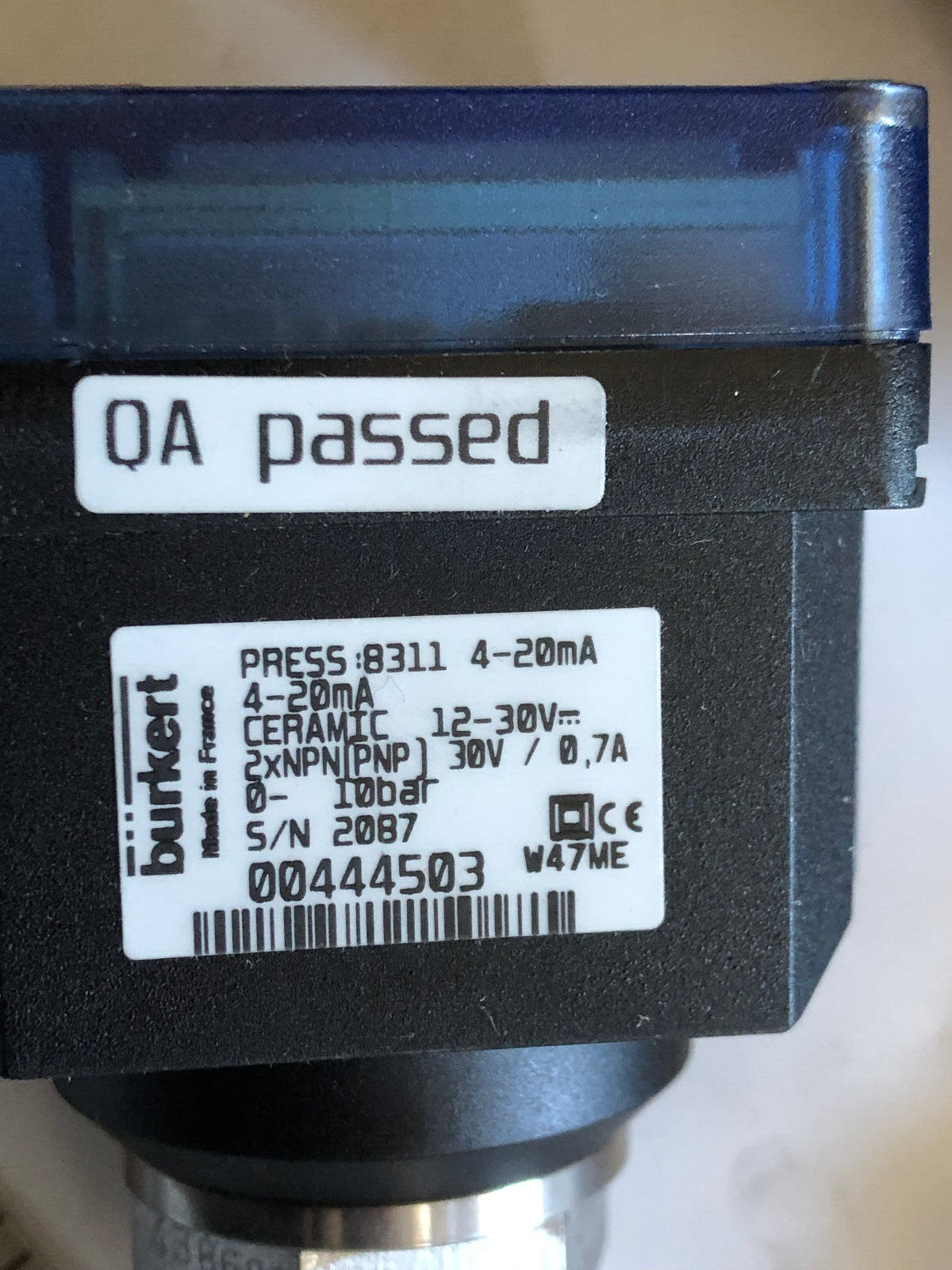 New Burkert 00444503 Pressure Transmitter. 4-20Ma Ceramic 0-10Bar,Ct