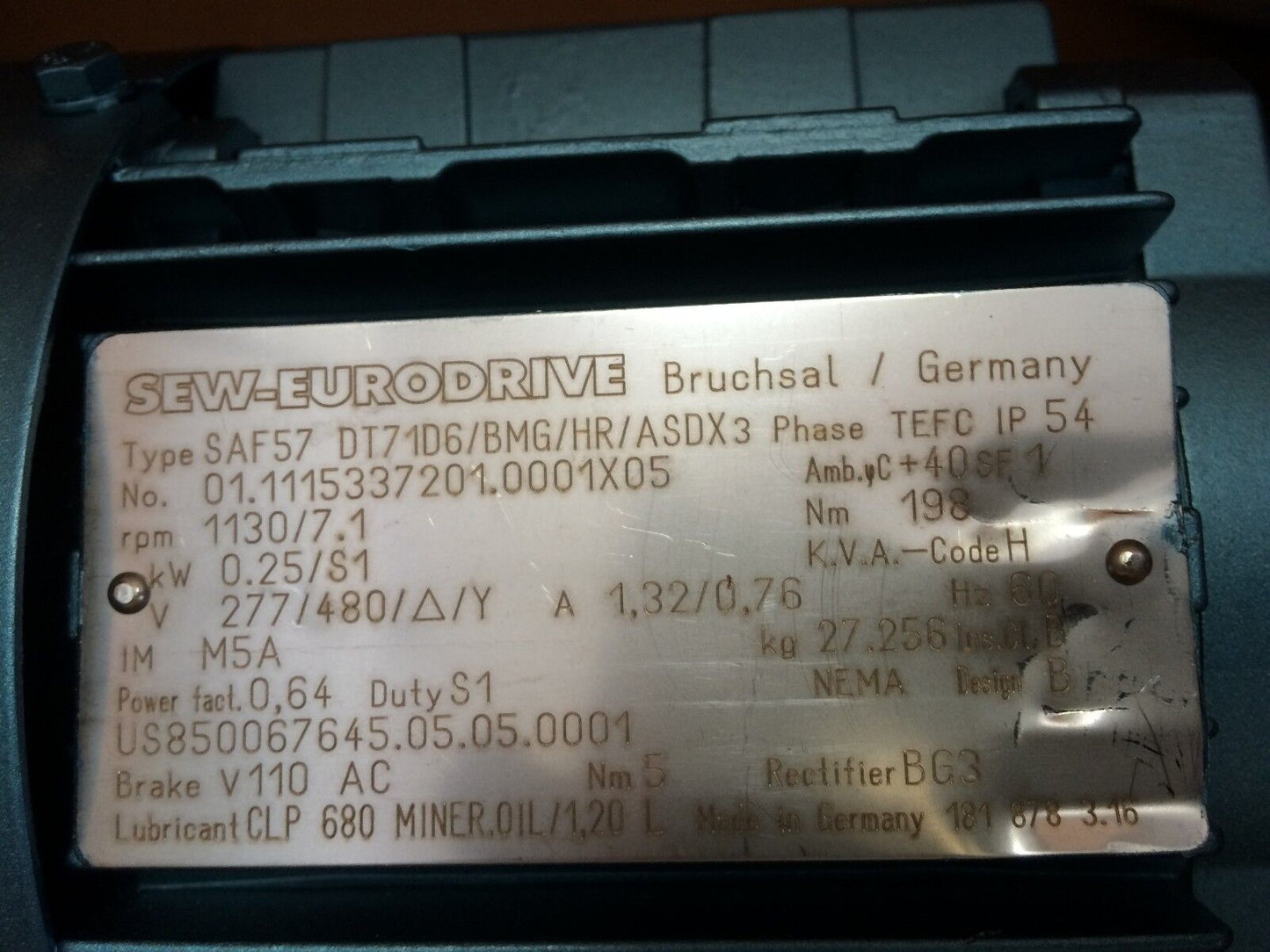 Sew Eurodrive Saf57-Dt71d6/Bmg/Hr/Asdx 3 Phase Motor,0.25 Kw,277/480 Vac,Bn